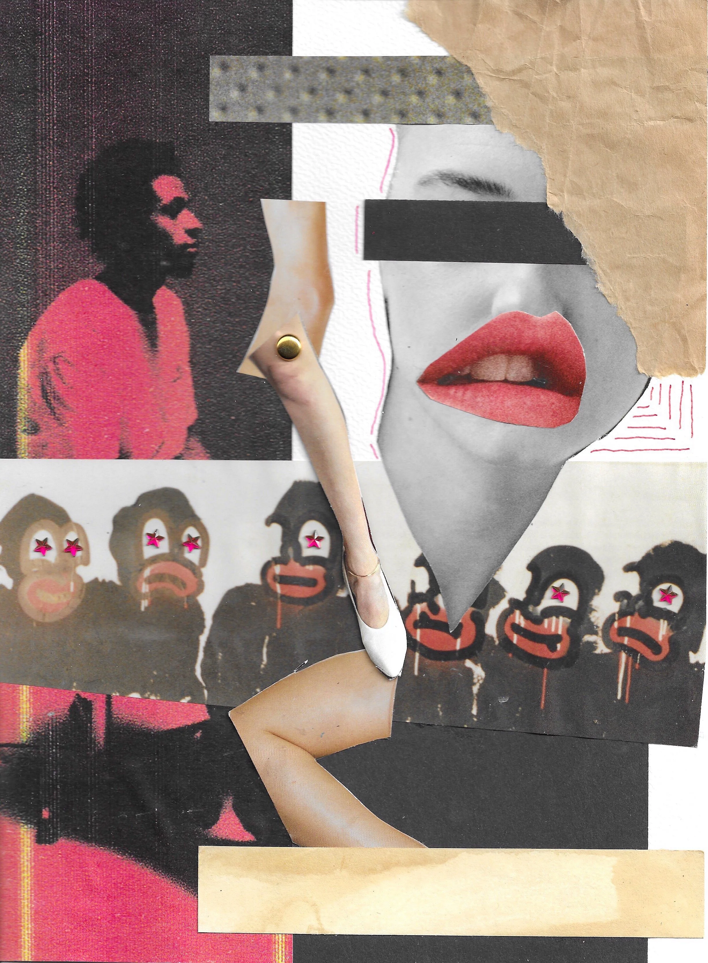 Collage of various cut-out images including a woman in a pink shirt, a partial black and white portrait of a face with red lipstick, a hand with a white high heel shoe, and drawings of faces with star-shaped eyes, all arranged overlapping each other.