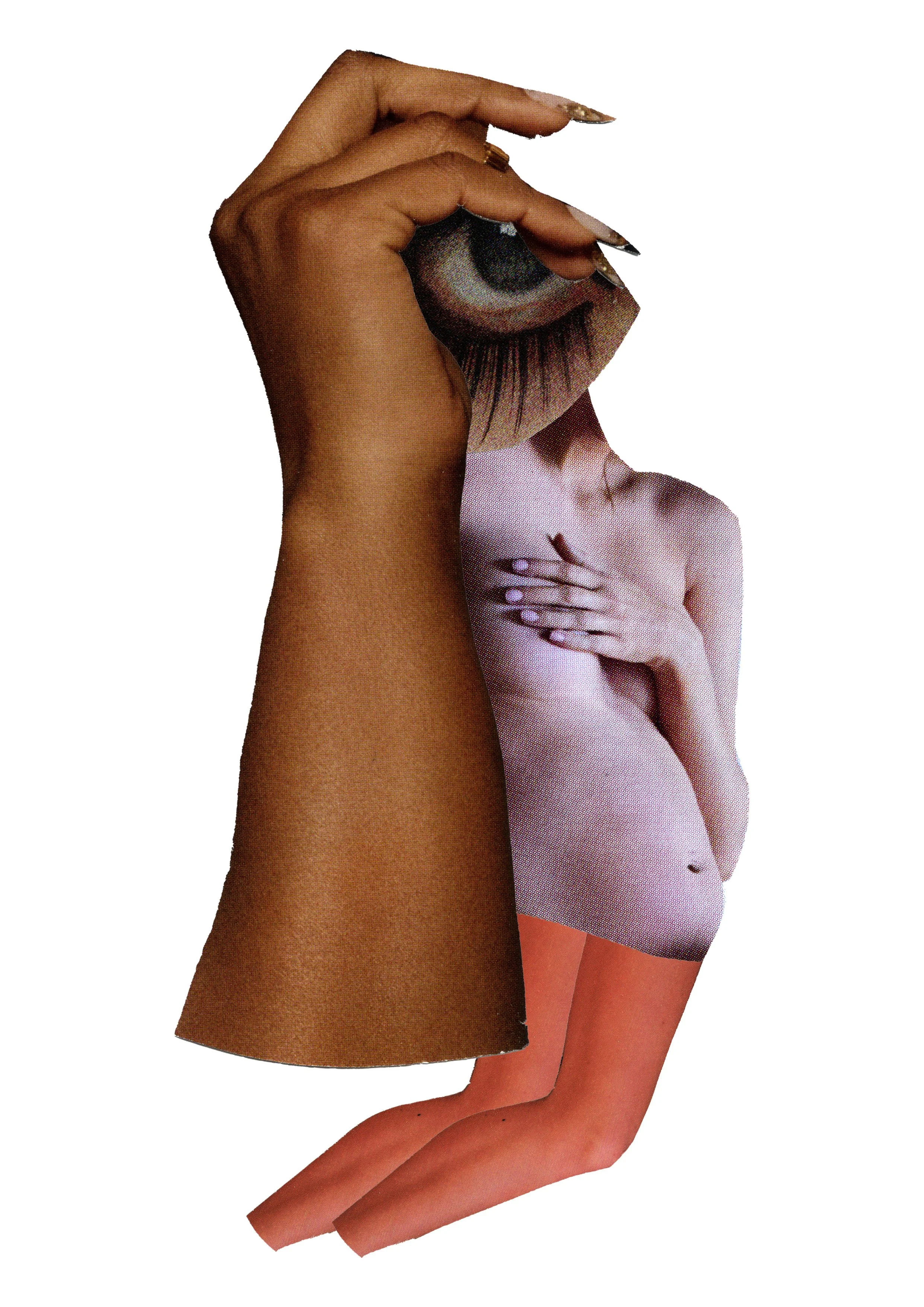 Collage of a woman's body with multiple overlapping images, including a close-up of an eye, and a torn photograph of a woman with crossed arms.