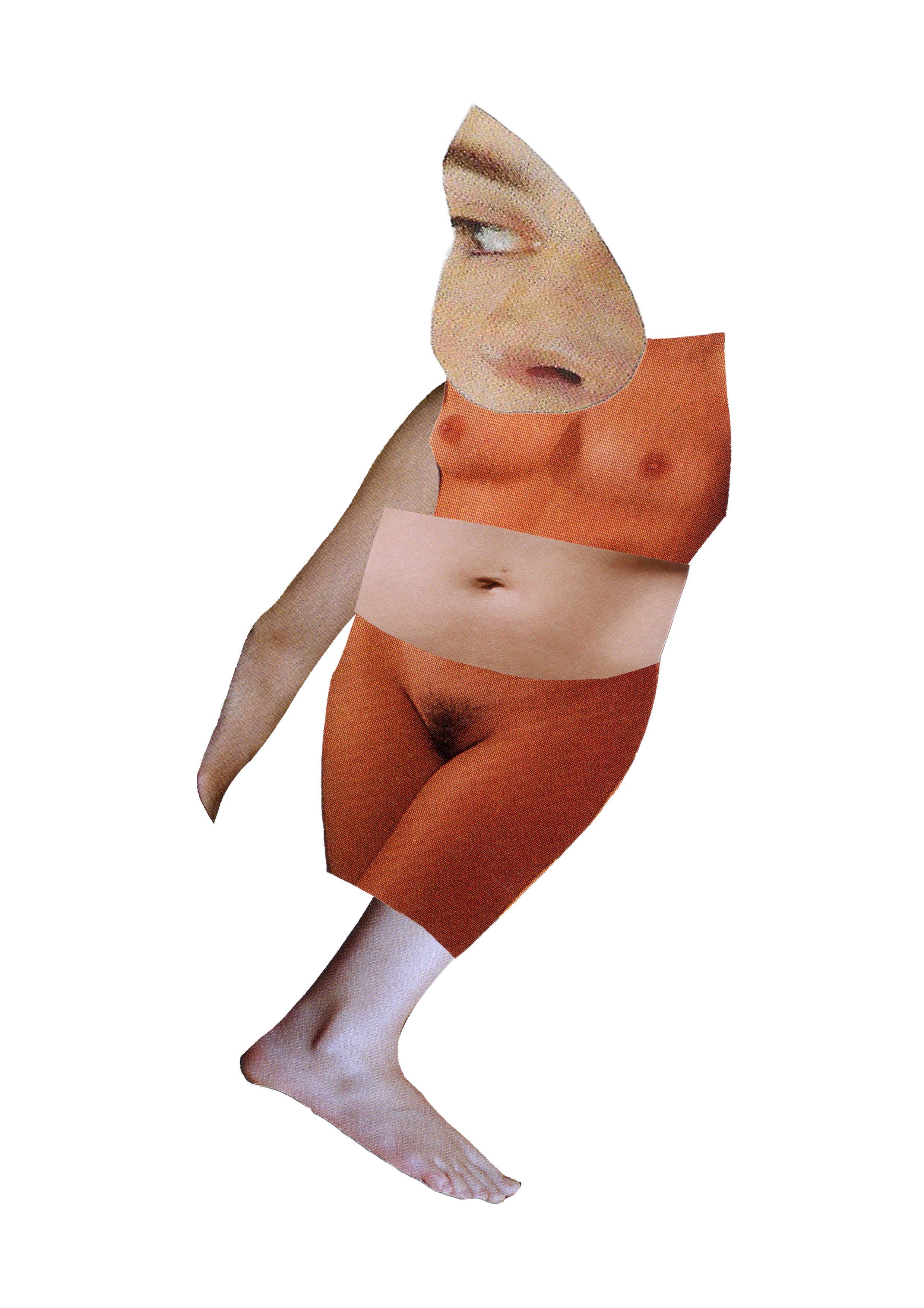 Collage of human body parts including a face, shoulder, abdomen, and legs, with parts of skin, hair, and clothing visible, arranged on a white background.