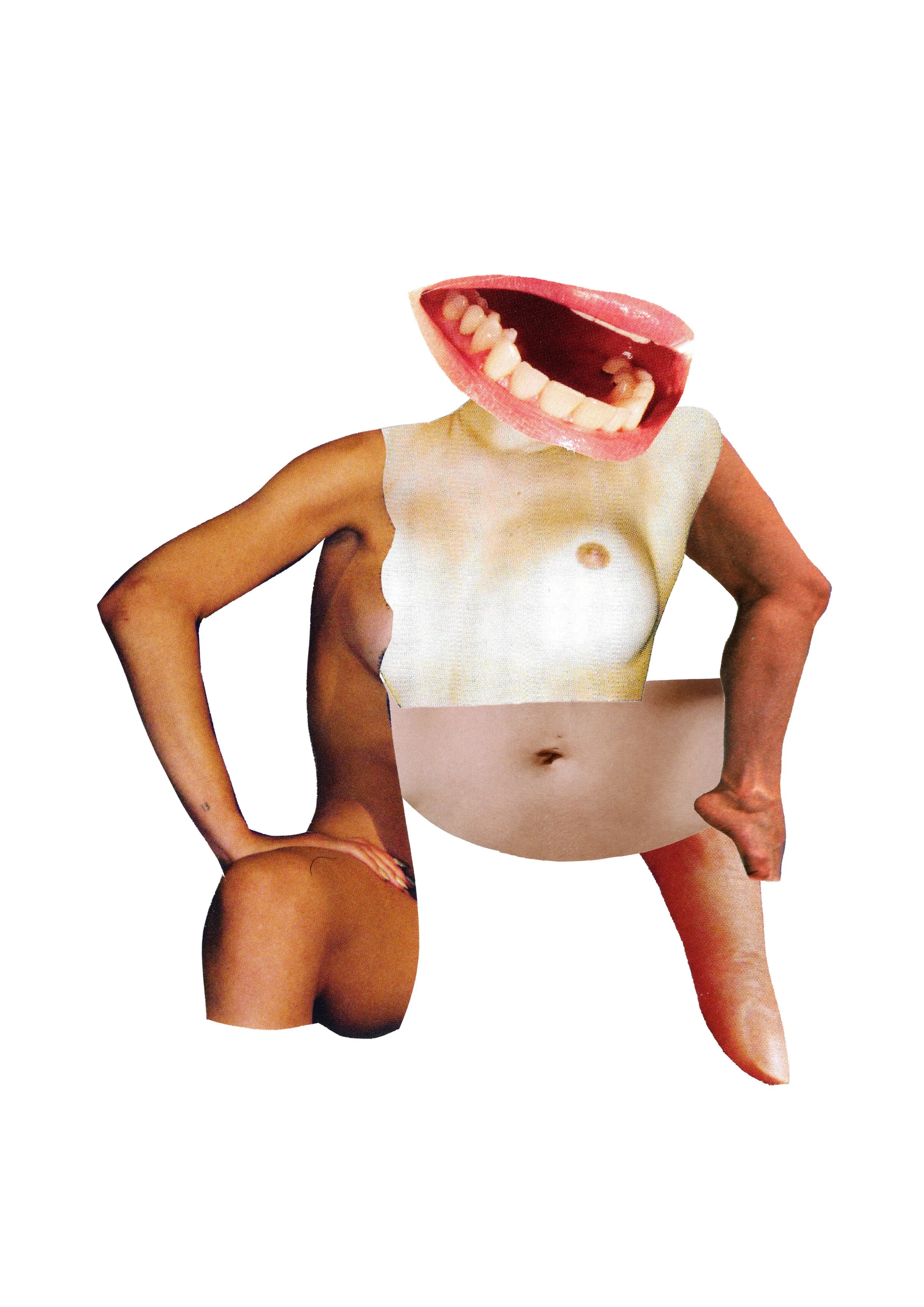 A collage of a human body with a large mouth and teeth replacing the head.