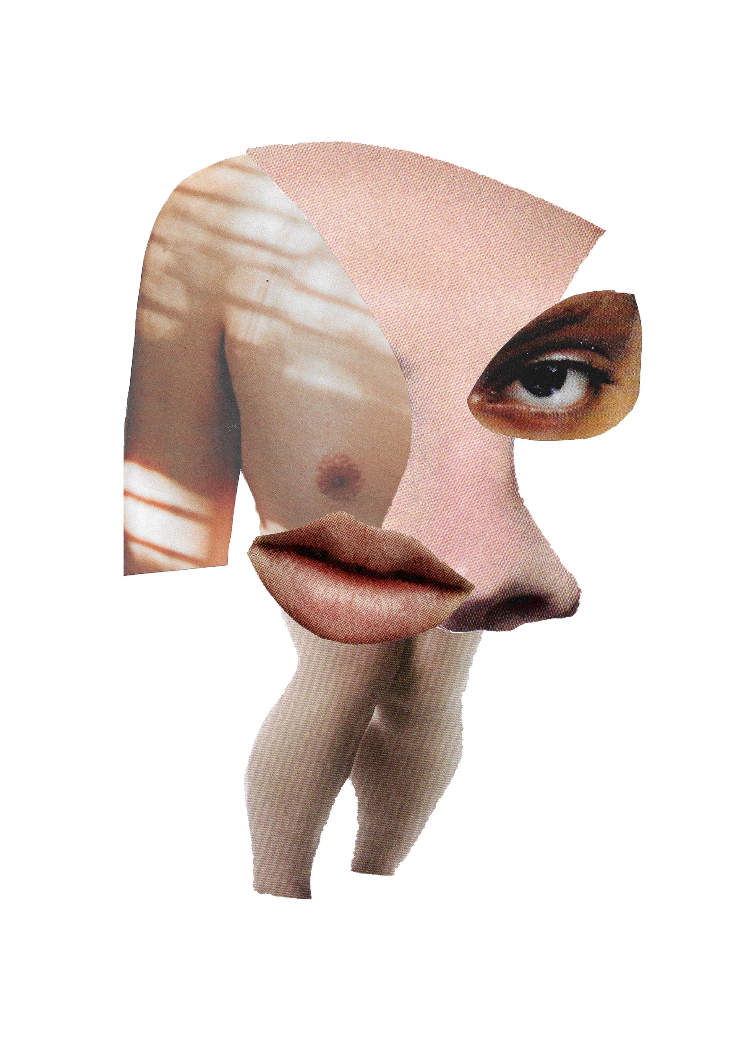 Collage of a person's face with a hand in front of it, with a large eye, lips, and body parts cut from various photographs.
