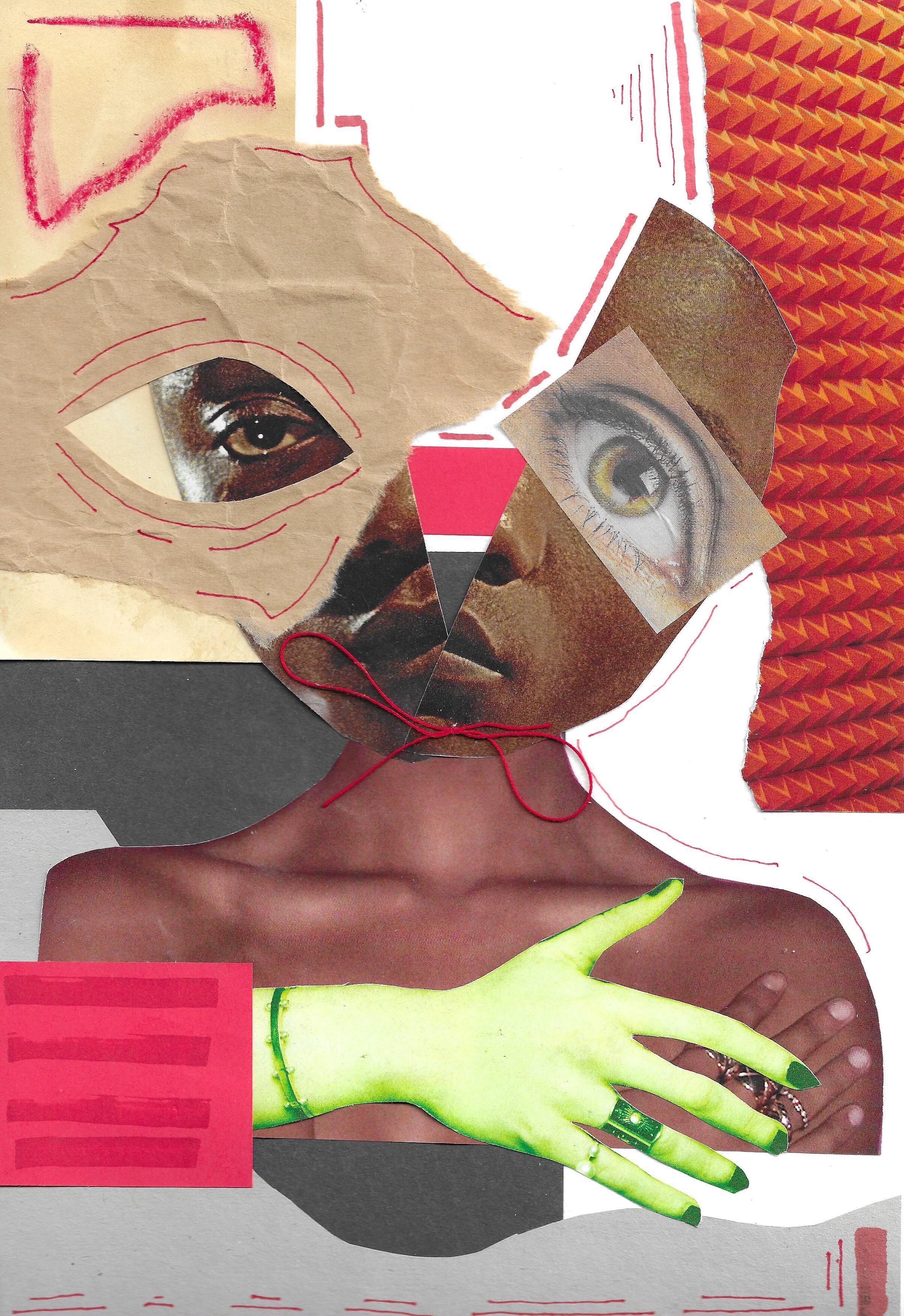 Collage featuring a human eye, a realistic eye illustration, a green hand, and various textured and patterned paper elements.
