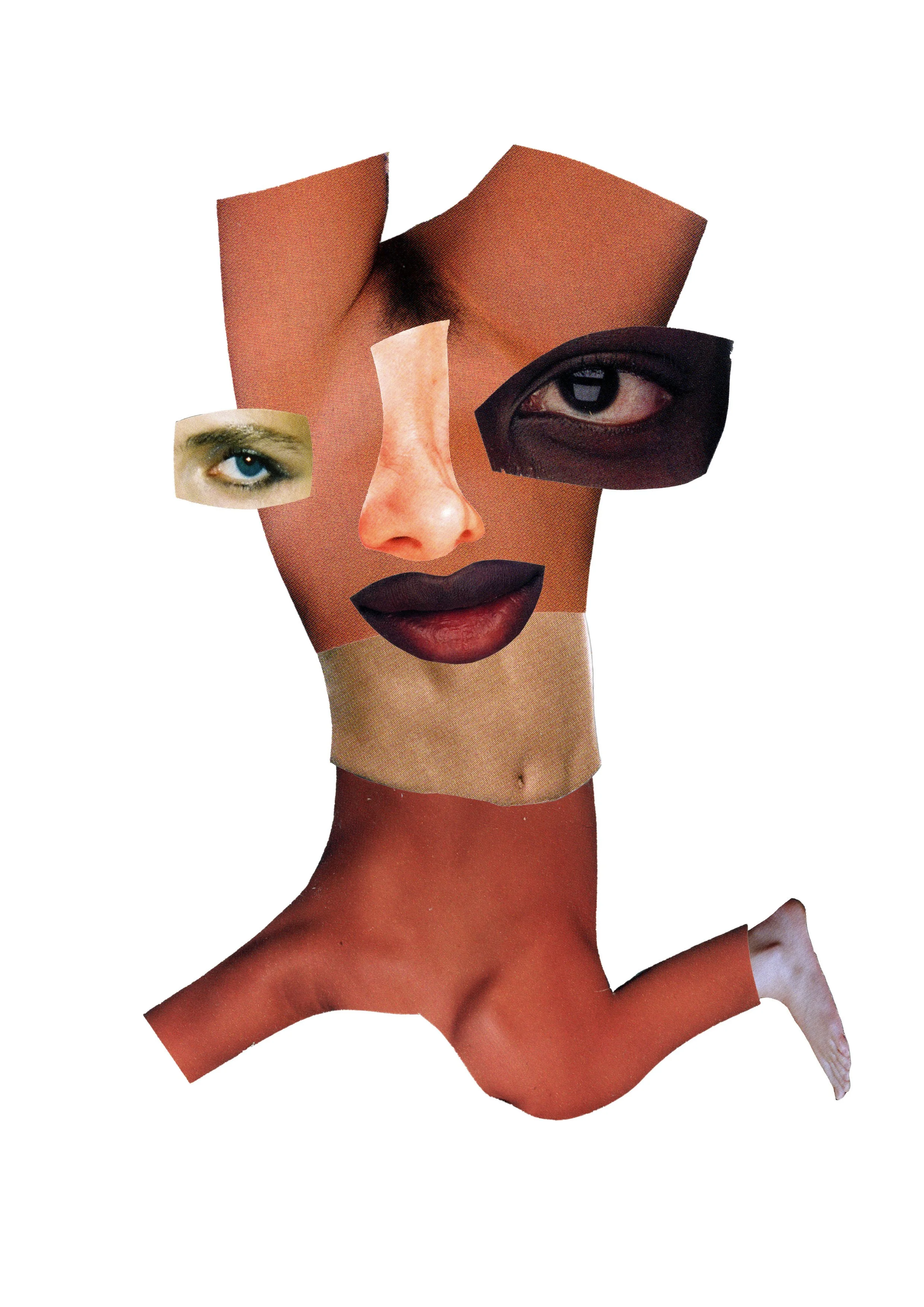 Collage of fragments from human faces and bodies, arranged into an abstract composition with varied skin tones, eyes, lips, and parts of limbs.