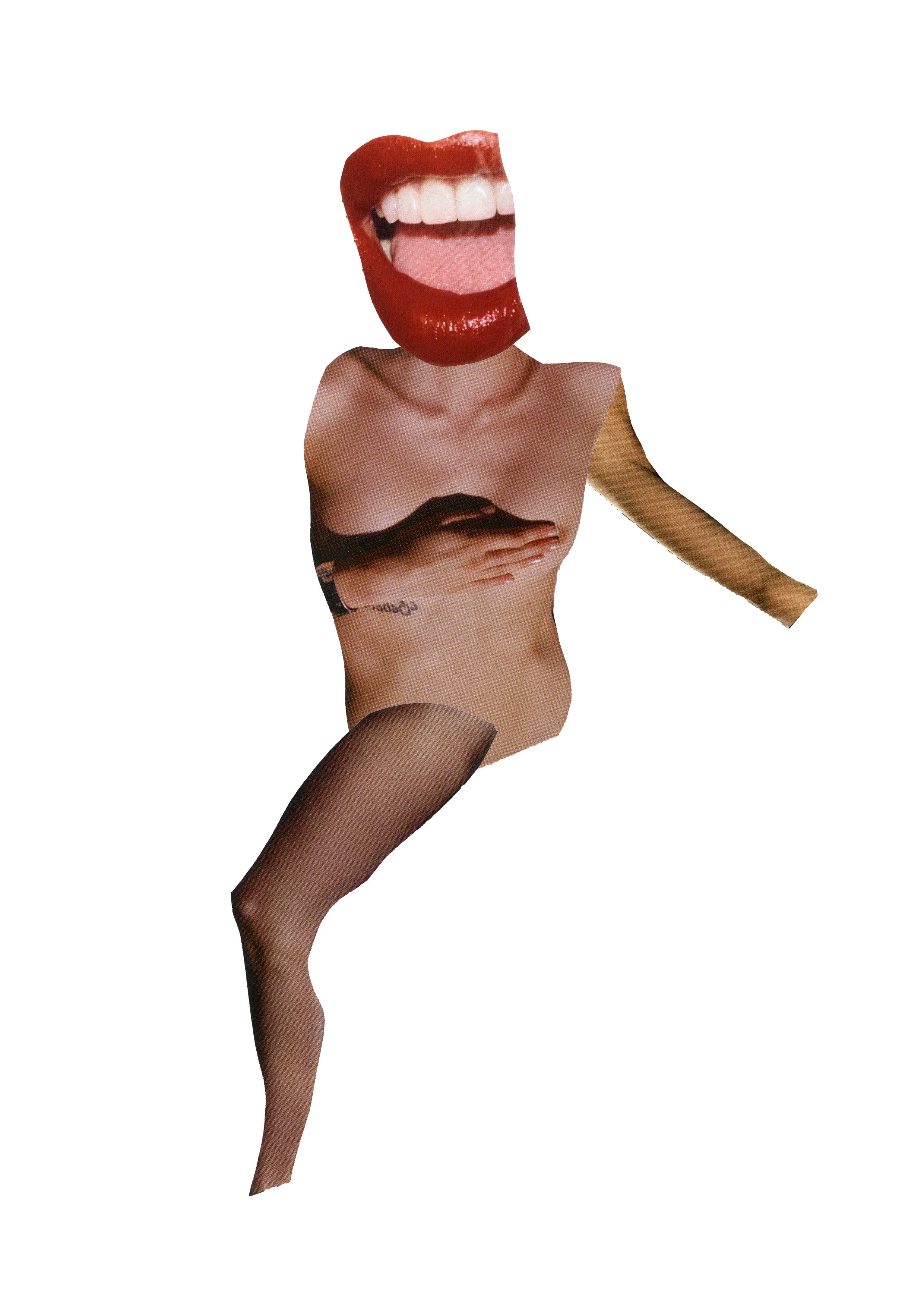 A collage of a woman's body with a lips and teeth mouth as a head, and her right hand placed on her chest, against a white background.