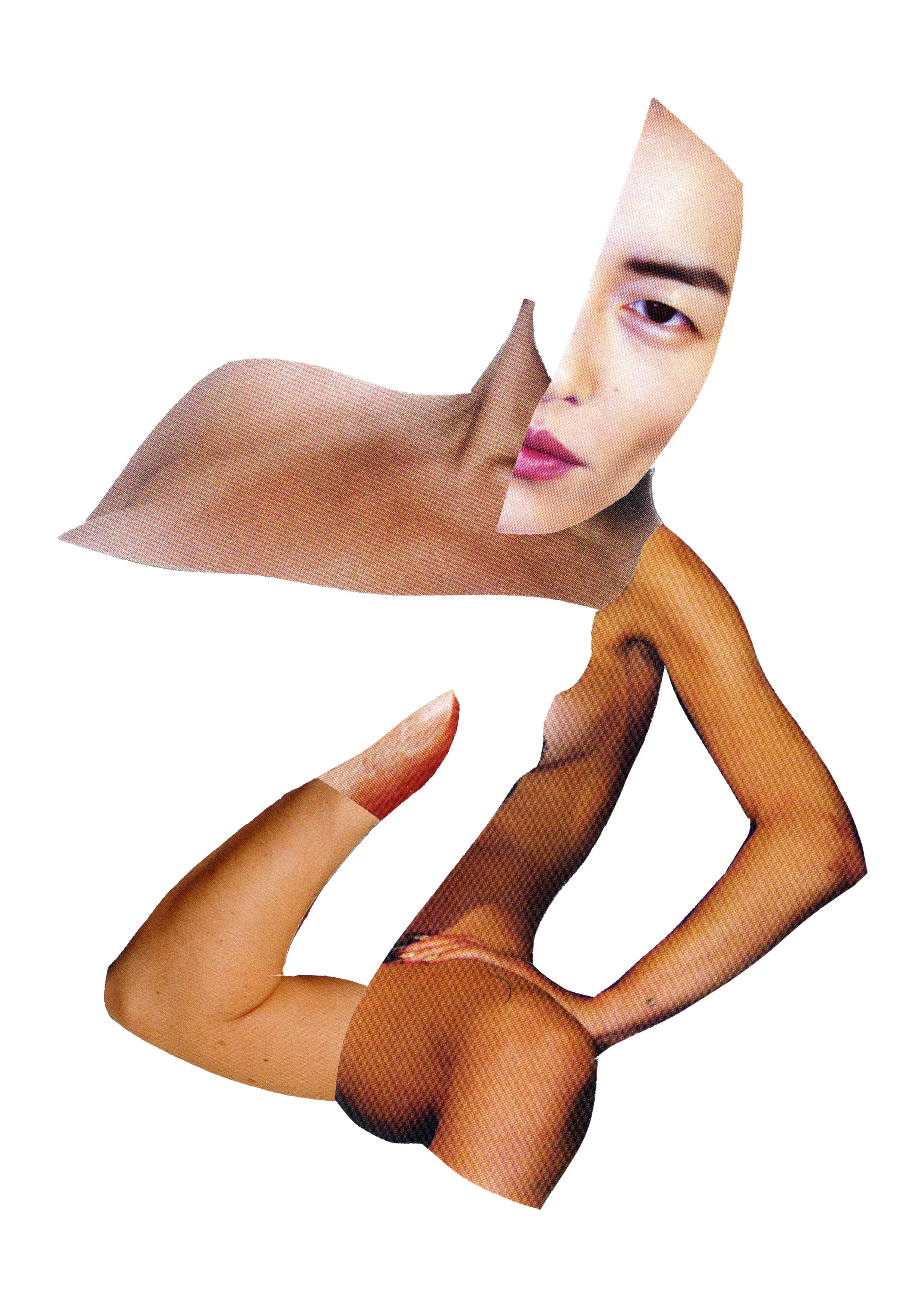 Collage of a woman with makeup and brown skin being manipulated by multiple disembodied hands against a white background.