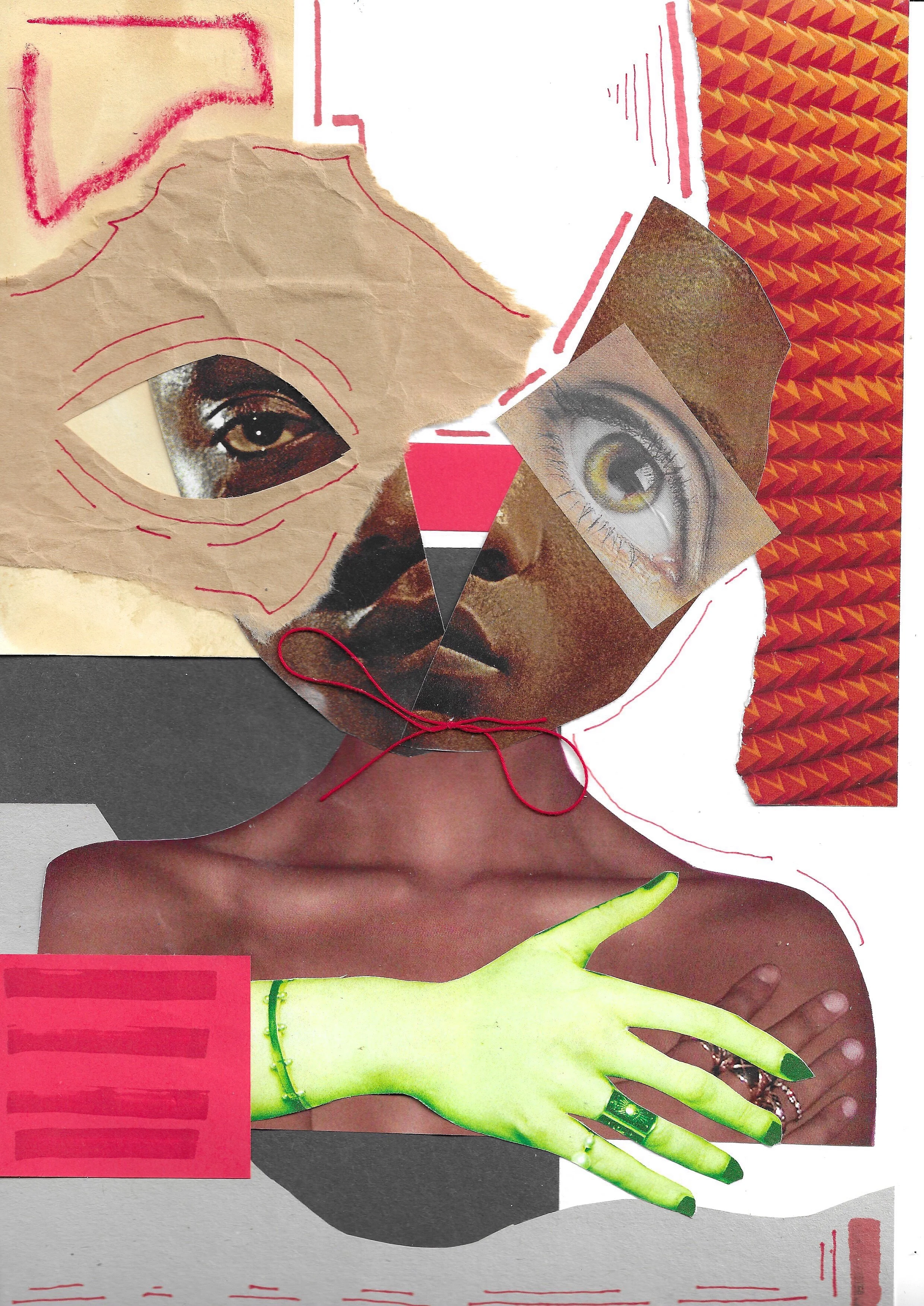 Collage artwork featuring torn paper and images of an eye and a hand, with various textures, colors, and geometric patterns.