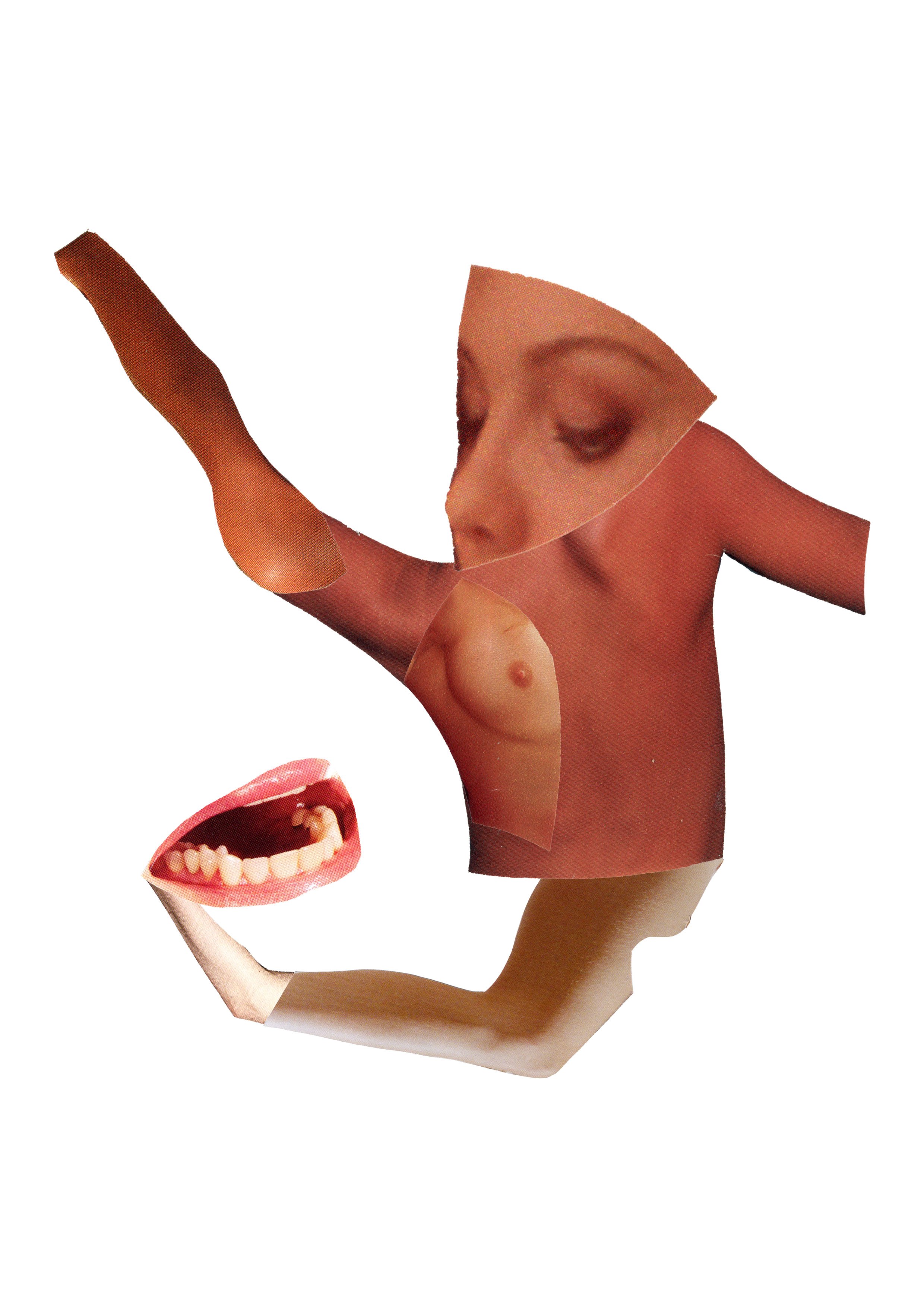 Collage of human body parts including a face, an arm, a breast, and a mouth, arranged in a surreal and artistic manner