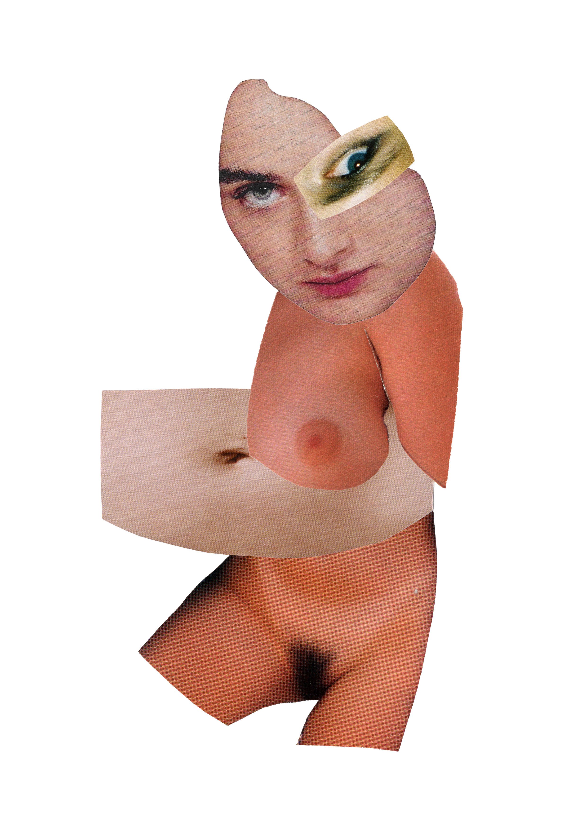Collage of disjointed human face and body parts.