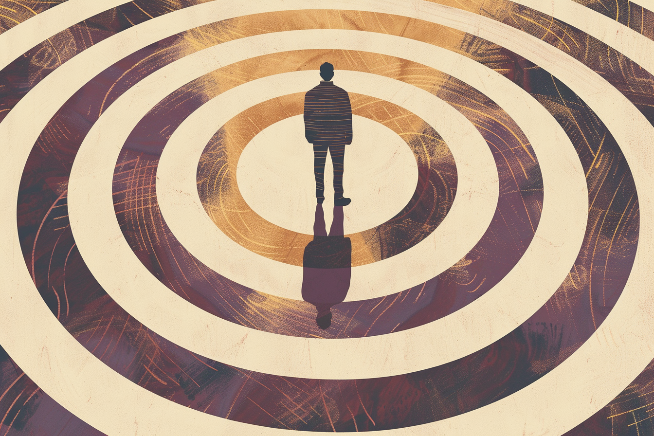 A person in a striped suit standing at the center of concentric circles on a digitally rendered background.