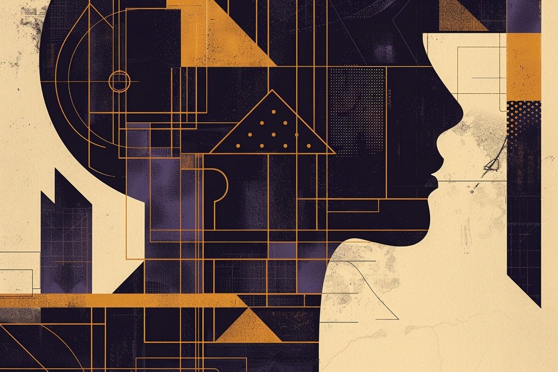 Abstract digital illustration of a woman's profile with geometric patterns and lines in black, gold, and purple colors.