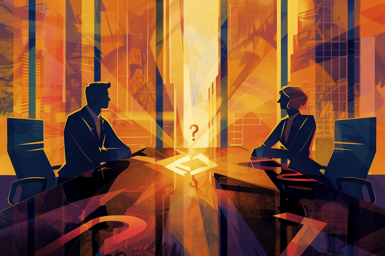 Silhouettes of a man and woman in business suits sitting across a table from each other in a modern city office with tall skyscrapers outside. The scene has a digital, abstract style with warm orange and yellow tones, and a question mark appears in the center.