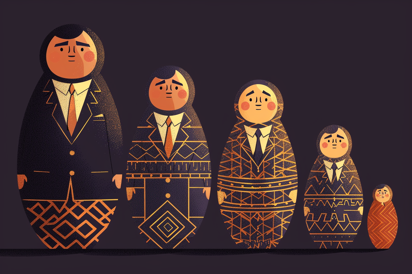Illustration of five abstract, oval-shaped figures representing a family, each with a worried expression, dressed in dark suits with geometric patterns, against a dark background.