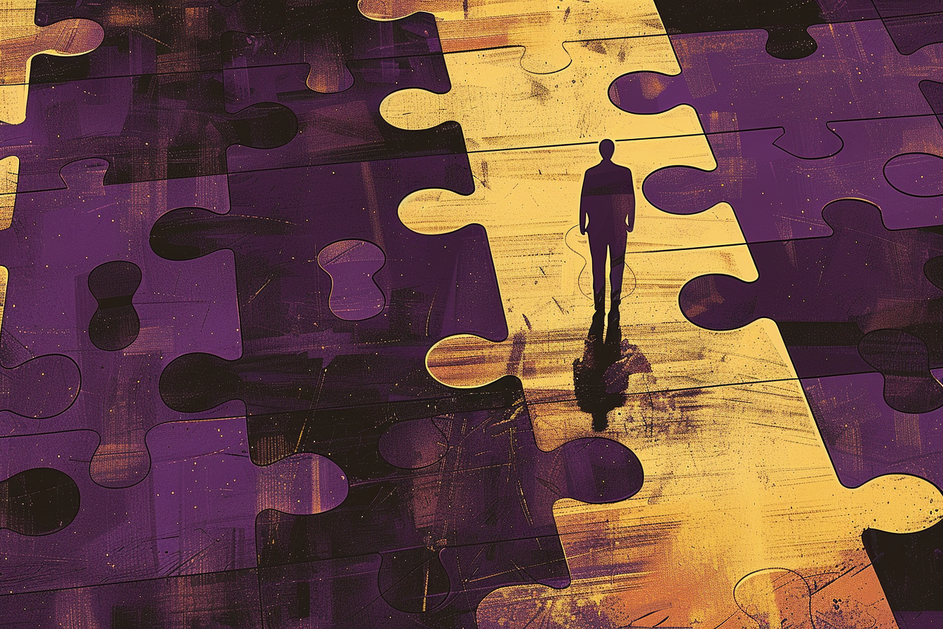 An illustrated jigsaw puzzle with purple and yellow pieces, with a silhouette of a man walking on a path reflected on a wet surface.