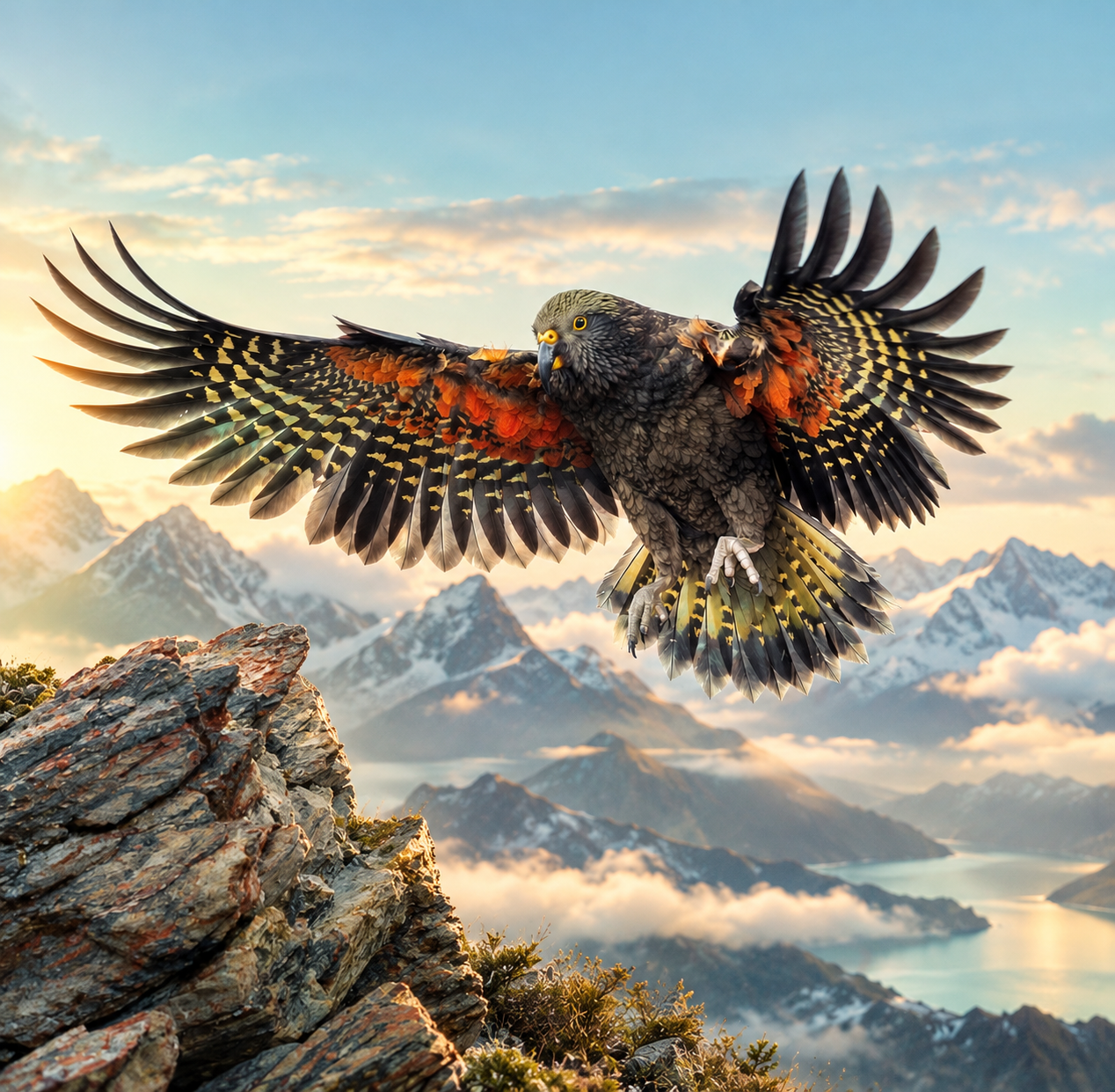 Kea in flight over alpine peaks in New Zealand