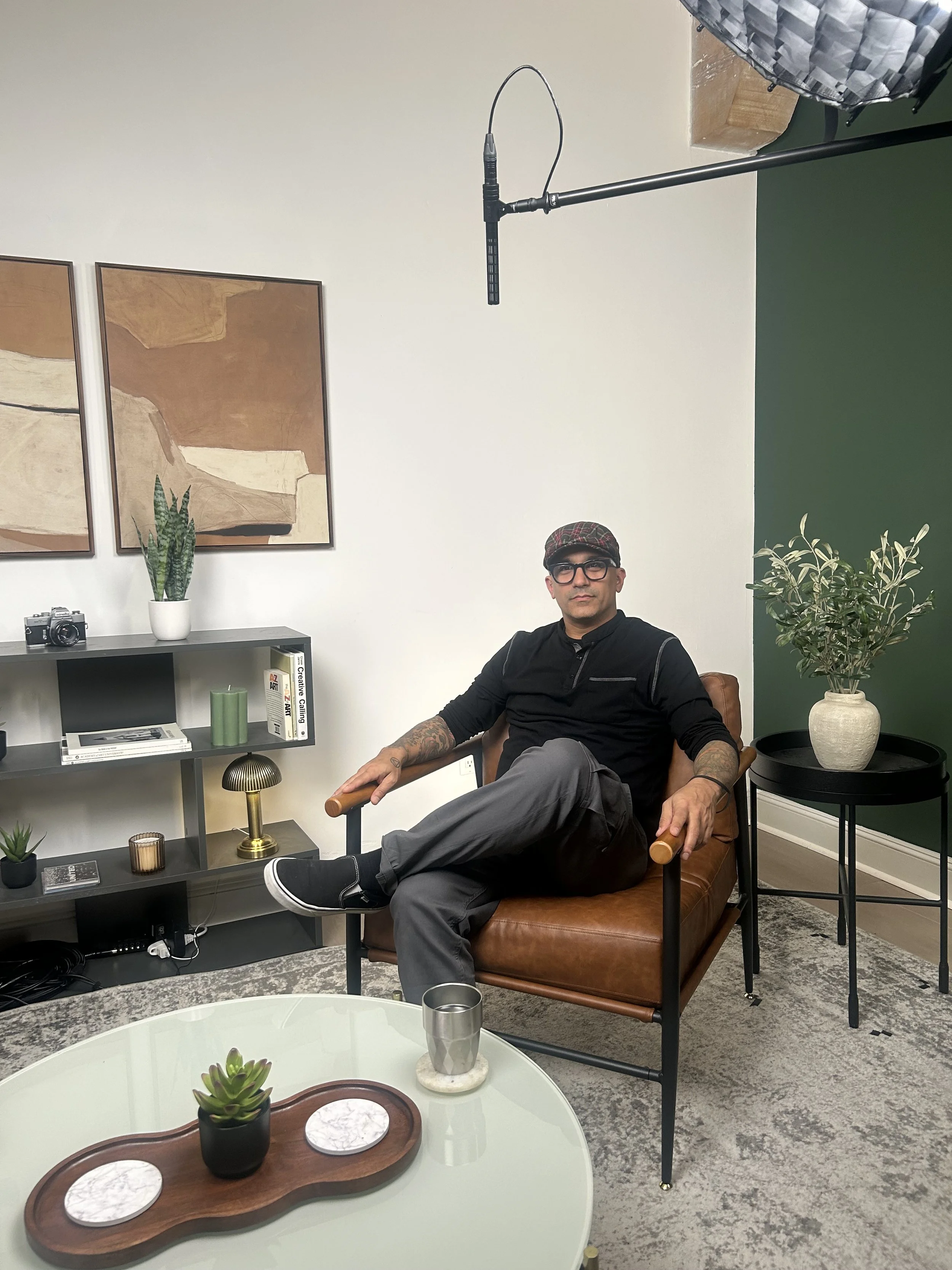 Michael Urban, NYC location sound mixer, on set interview production with boom microphone