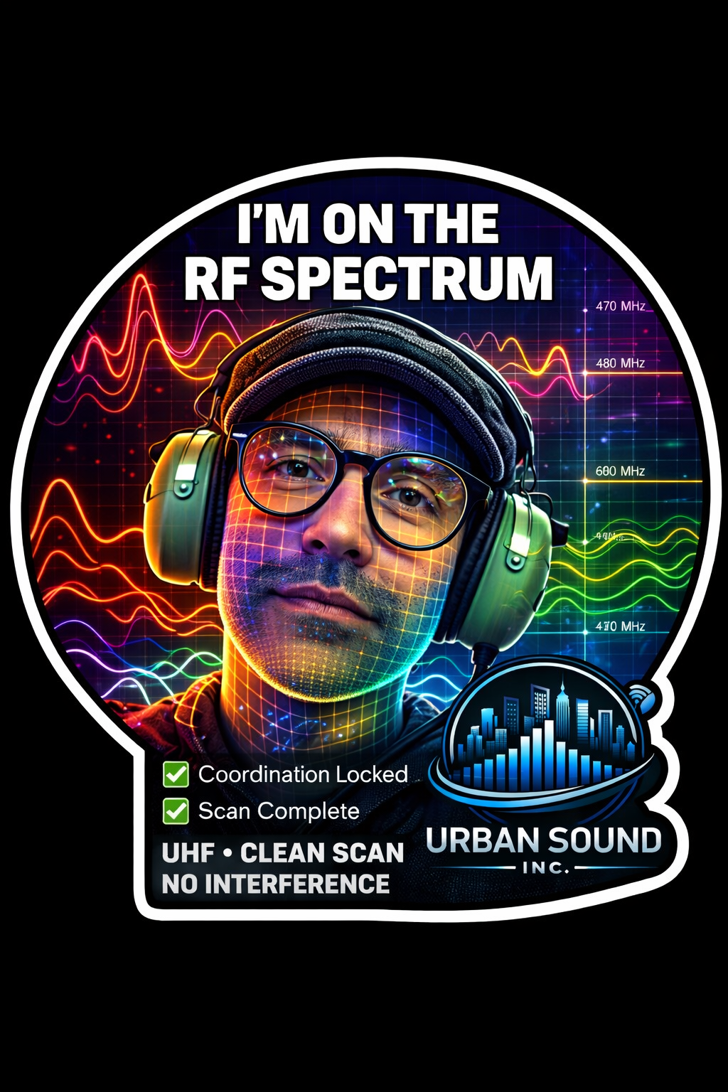 A digital illustration of a man with glasses and headphones, with colorful audio waveforms and a city skyline graphic. Text reads, 'I'm on the RF spectrum,' with additional info about UHF, clean scan, and interference-free urban sound.