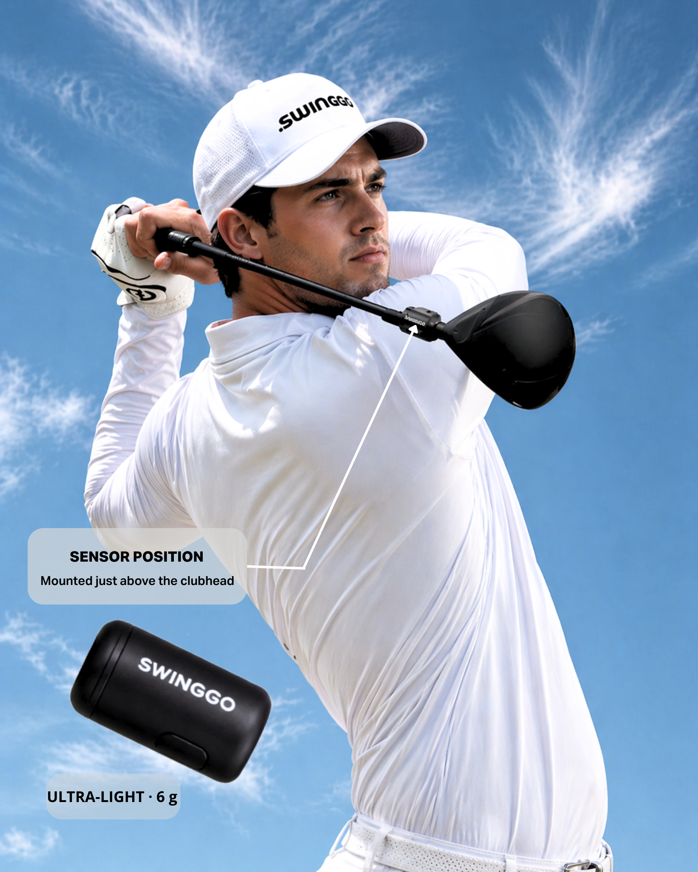 SWINGGO golf swing sensor app shown on a smartphone during outdoor golf practice