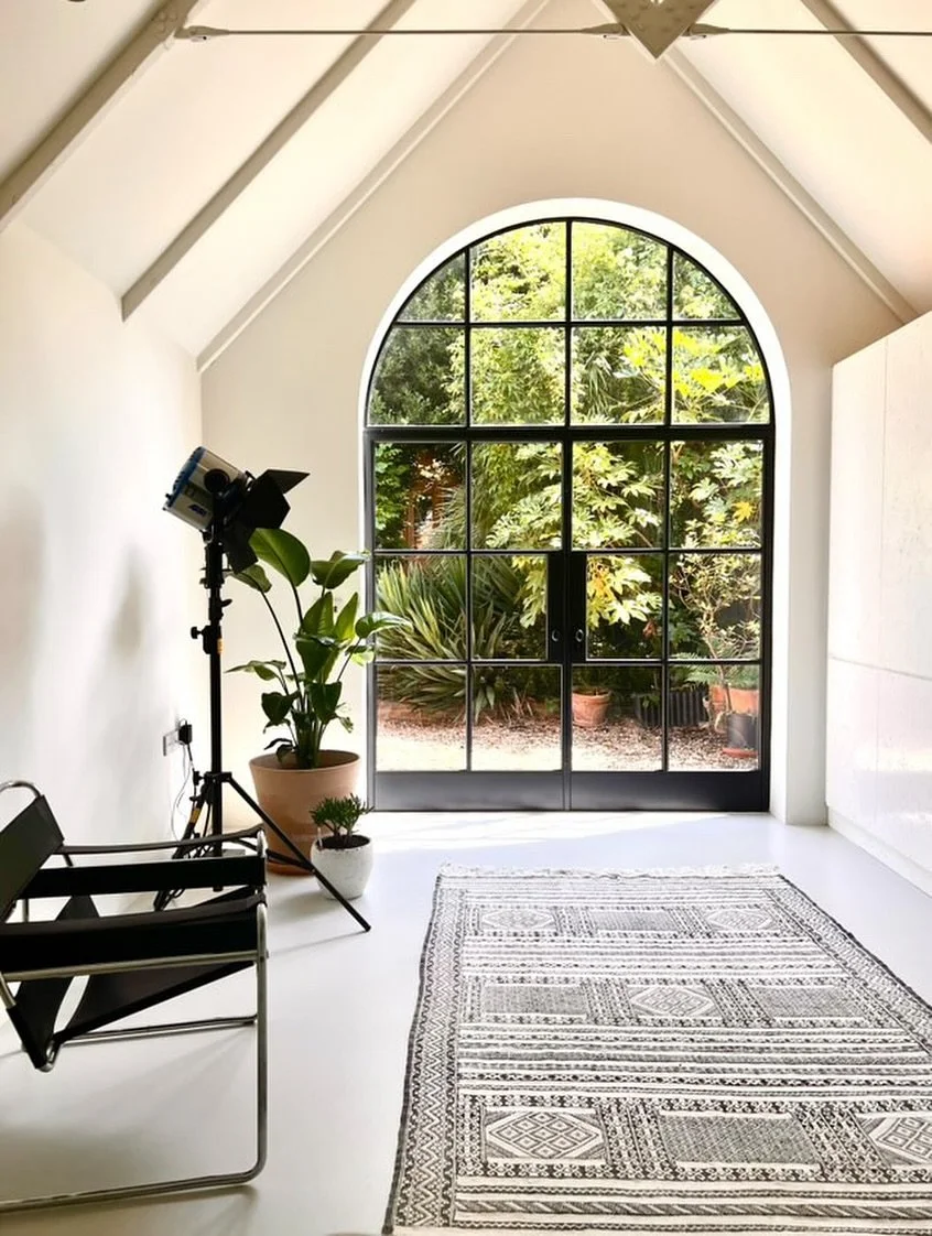 We built this dreamy studio for our client Jonathan - an incredibly talented fashion designer. The arched Crittall doors dominate the end wall, letting in abundant natural light and offering a view of the lush evergreen garden. The vaulted ceiling wi