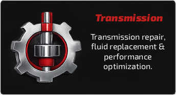 Icon of a gear with a red transmission fluid tool inside and text about transmission repair and performance optimization.