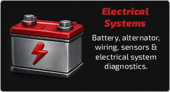 A red and silver automotive battery with black terminals, labeled with electrical system services.