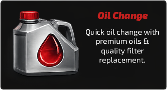 Container of engine oil with a red drop symbol and text about quick oil change with premium oils and filter replacement