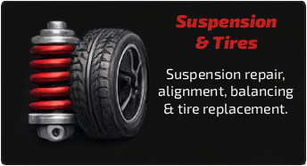 Image of a suspension coil spring and a tire, with text advertising suspension and tire services.