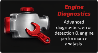 Automotive engine with red wrench icon and text about engine diagnostics, error detection, and performance analysis.