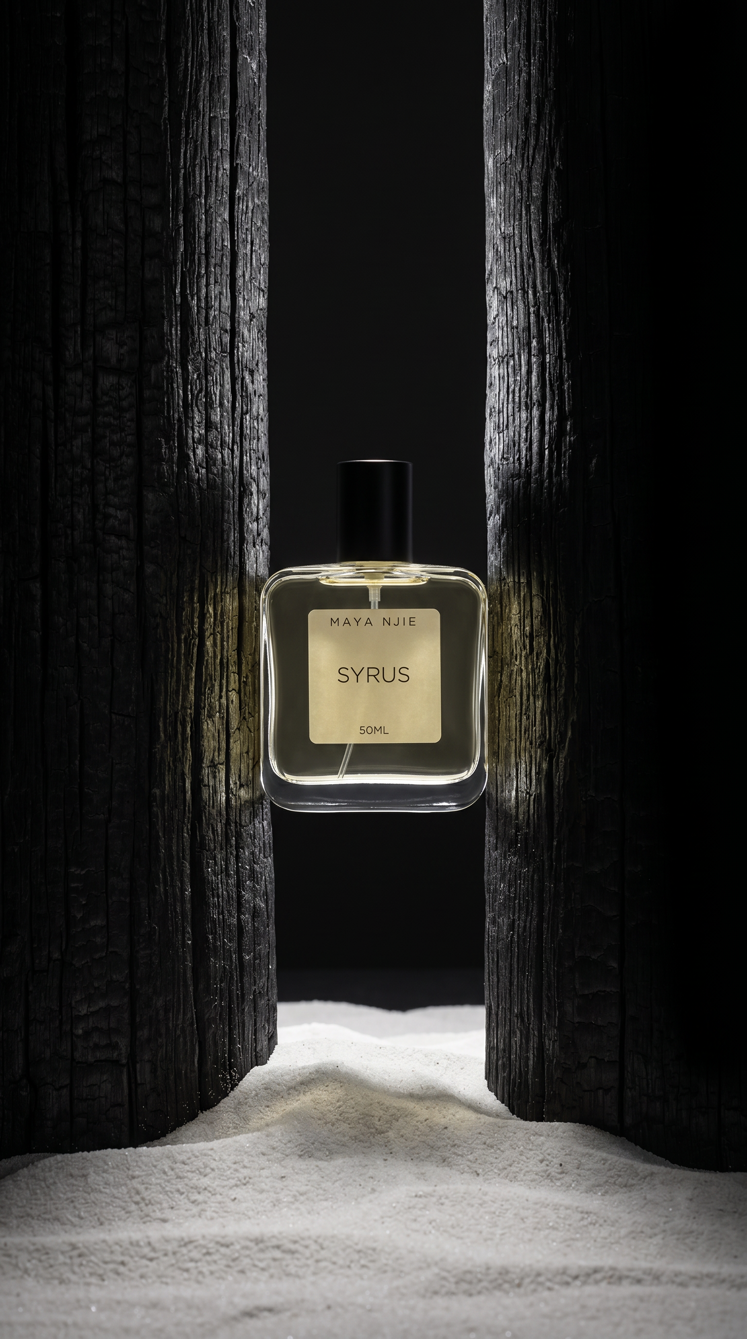 A fragrance bottle nestled between two large wooden logs