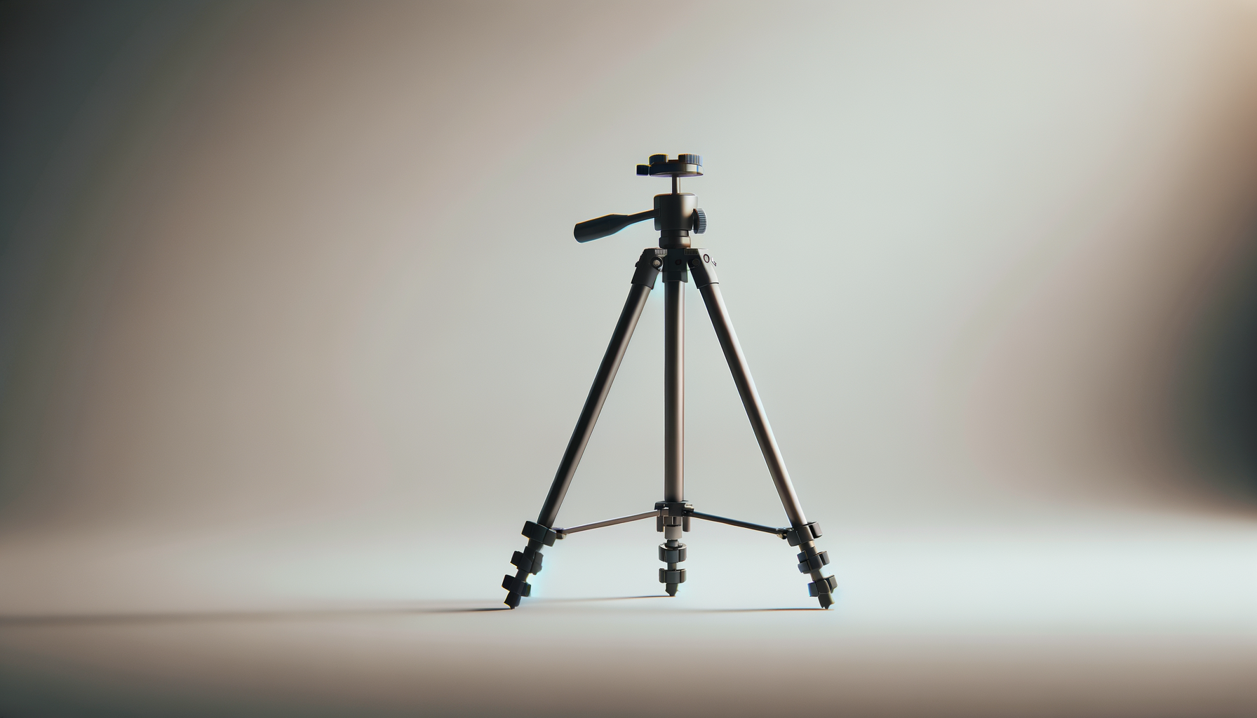 An empty black camera tripod standing on a flat surface against a light, gradient background.