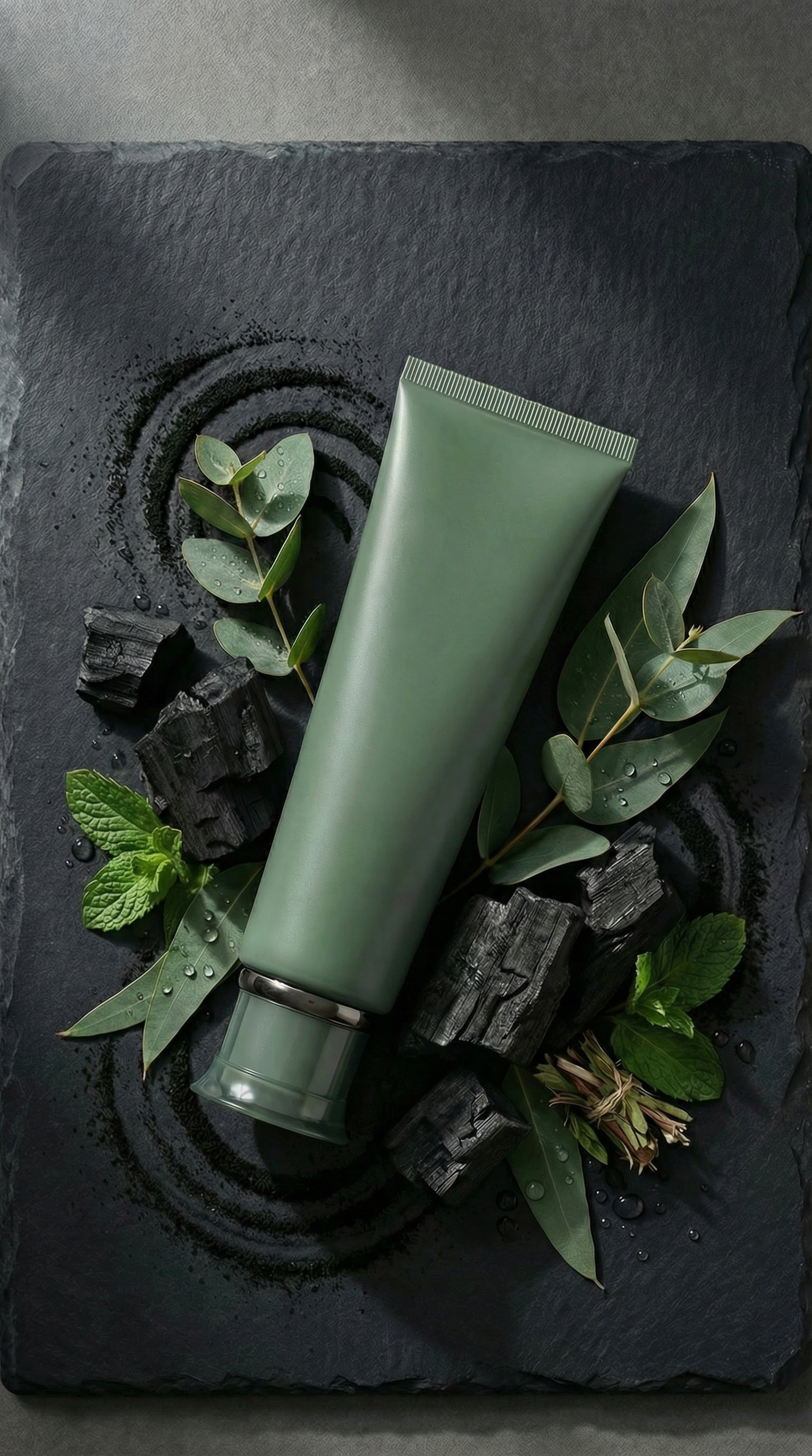 A green toothpaste tube lying on a black slate surface surrounded by green leaves, black charcoal pieces, and water droplets.
