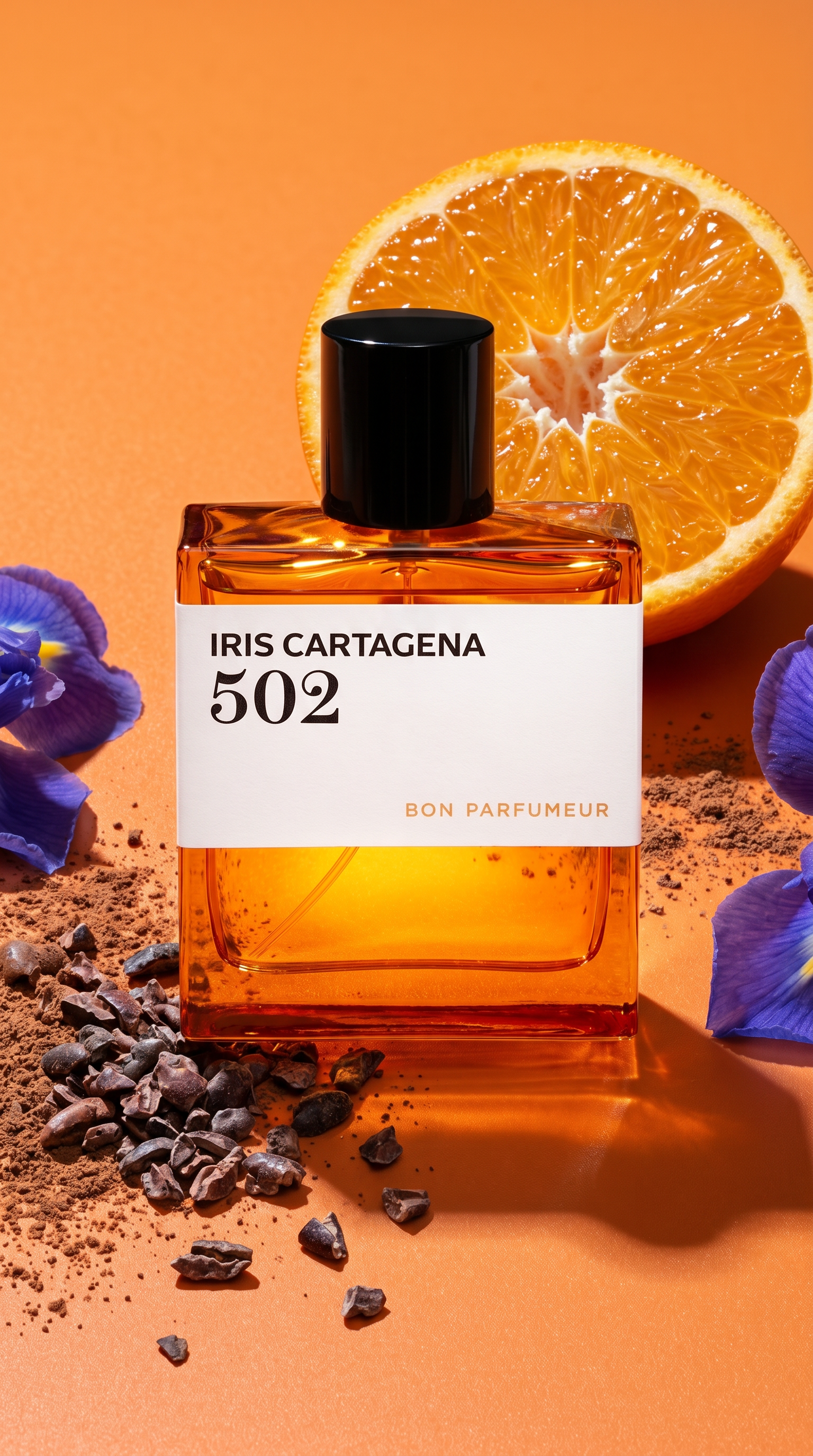 A chaotic bright image of a fragrance bottle in a deep orange hue background with an orange slice behind it alongside contrasting ingredients and colors of blue and brown to add depth to the image.