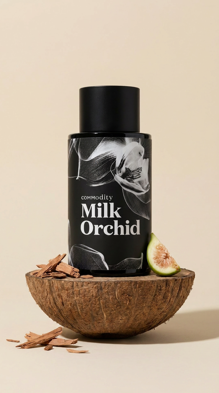 The fragrance bottle stands on half a coconut in a studio and has organised wooden chips to add visual depth to the image.