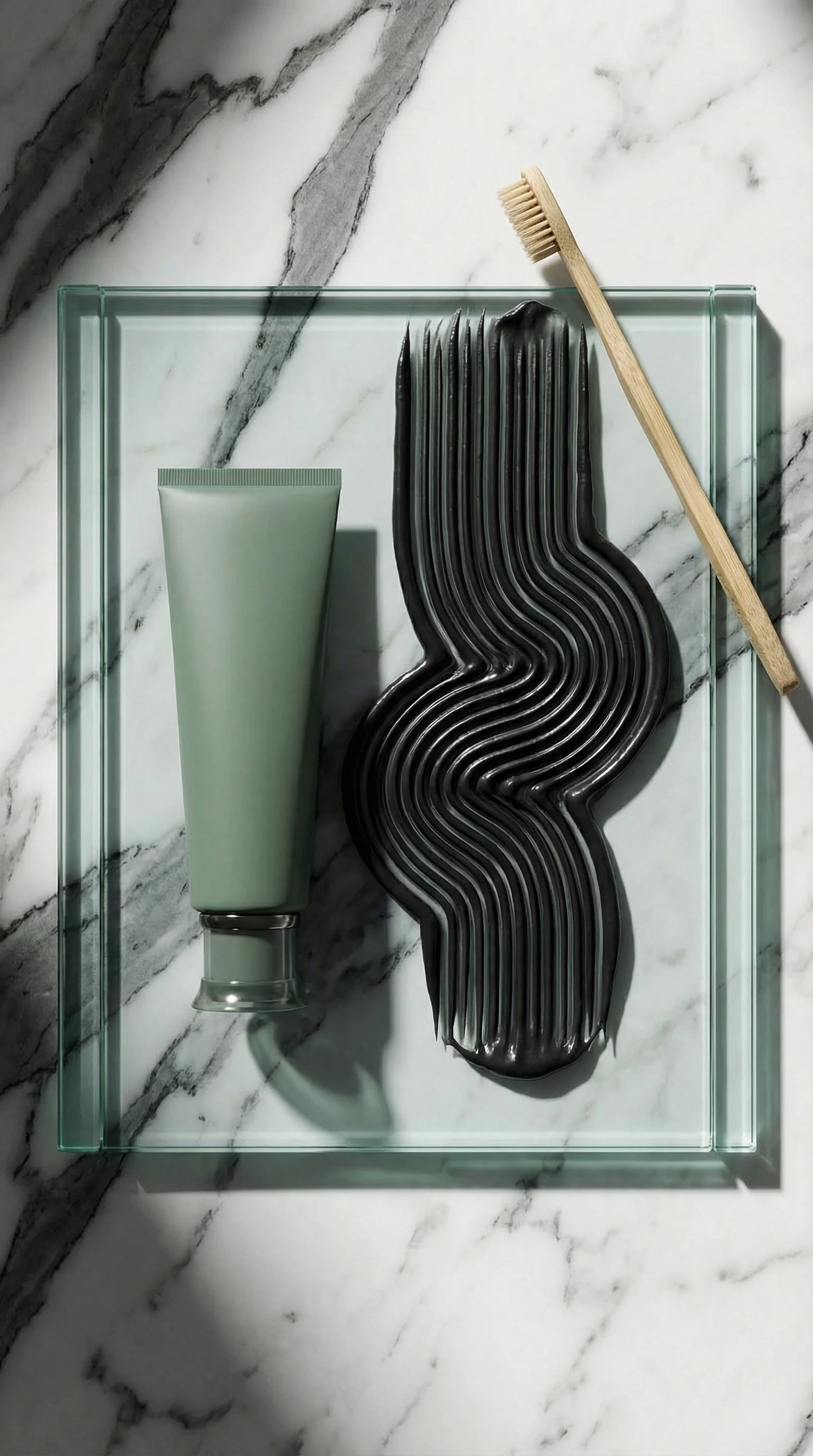 A glass tray holds a black, wavy, ribbed design of charcoal toothpaste, a tube of toothpaste, and a wooden toothbrush, all set on a white marble surface.