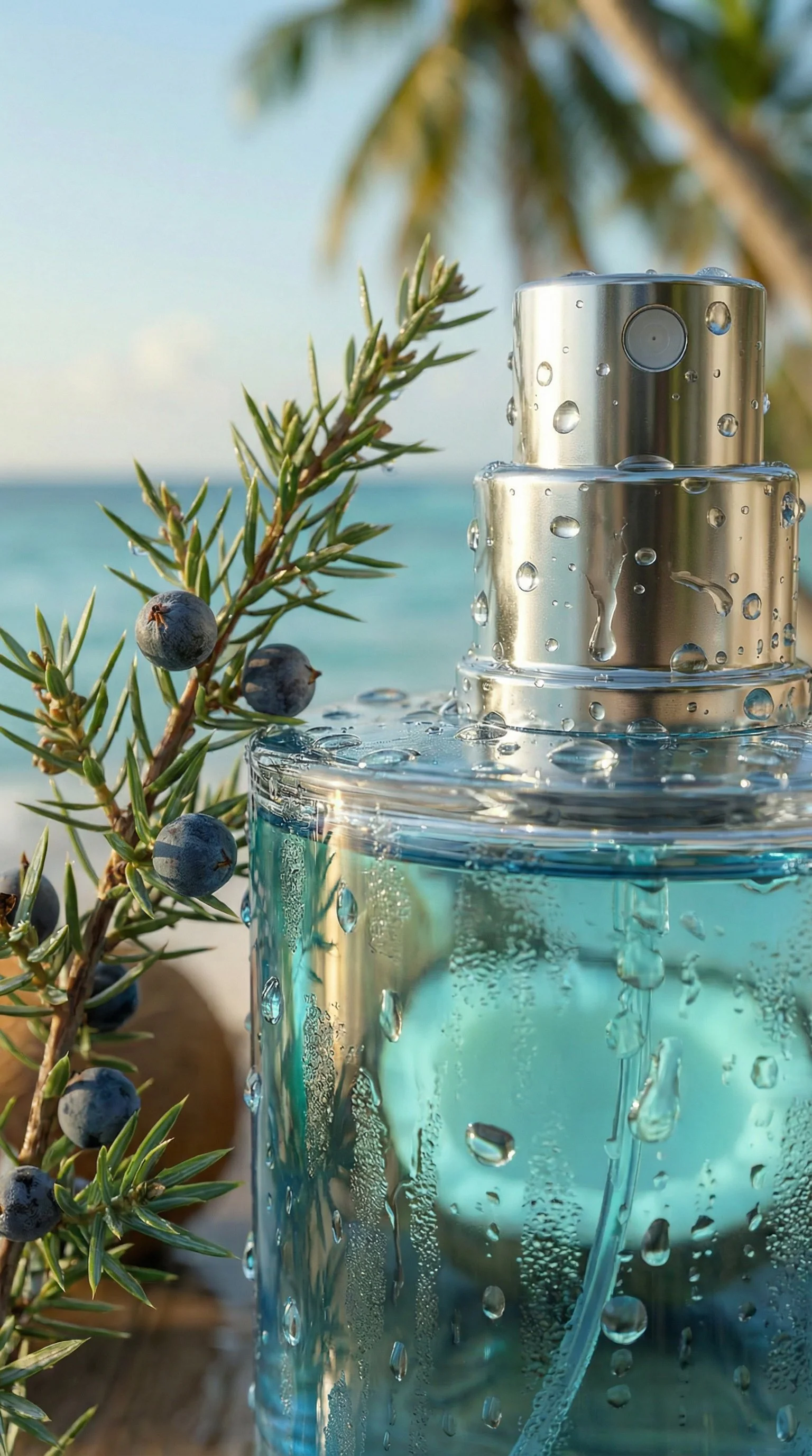 A macro shot of a cologne bottle with water droplets on it, situated beside a branch of a plant with small blueberries. The background shows a beach scene with palm trees and a clear sky, and a glass of blue-colored beverage or liquid.