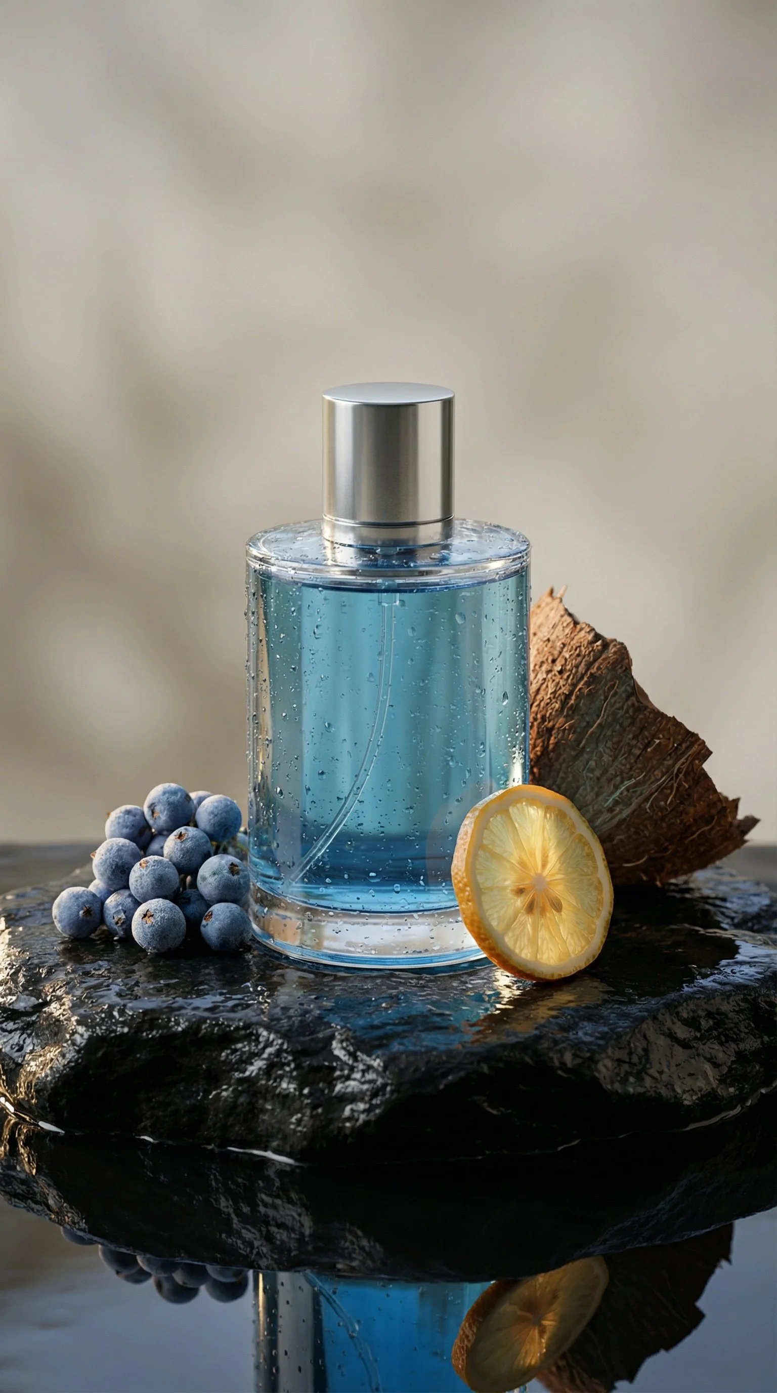 A clear cologne bottle of blue liquid, a bunch of blueberries, a lemon half, and a piece of wood on a dark rock surface with water underneath.