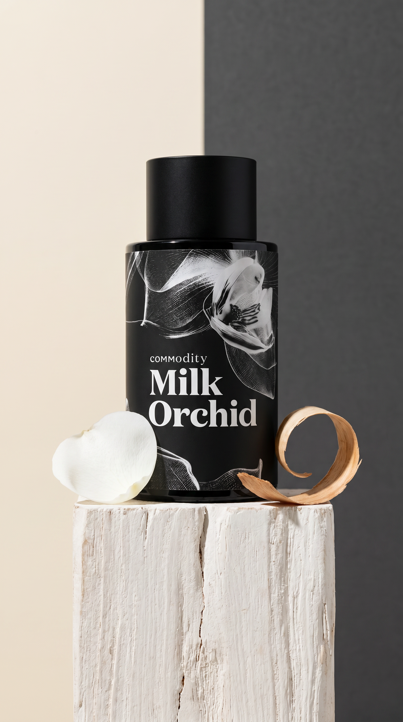 Background split in half a dark matte grey on the right and cream white on the left. The fragrance bottle stands on a narrow white wooden platform along with a white rose petal creating a luxurious minimal product photograph