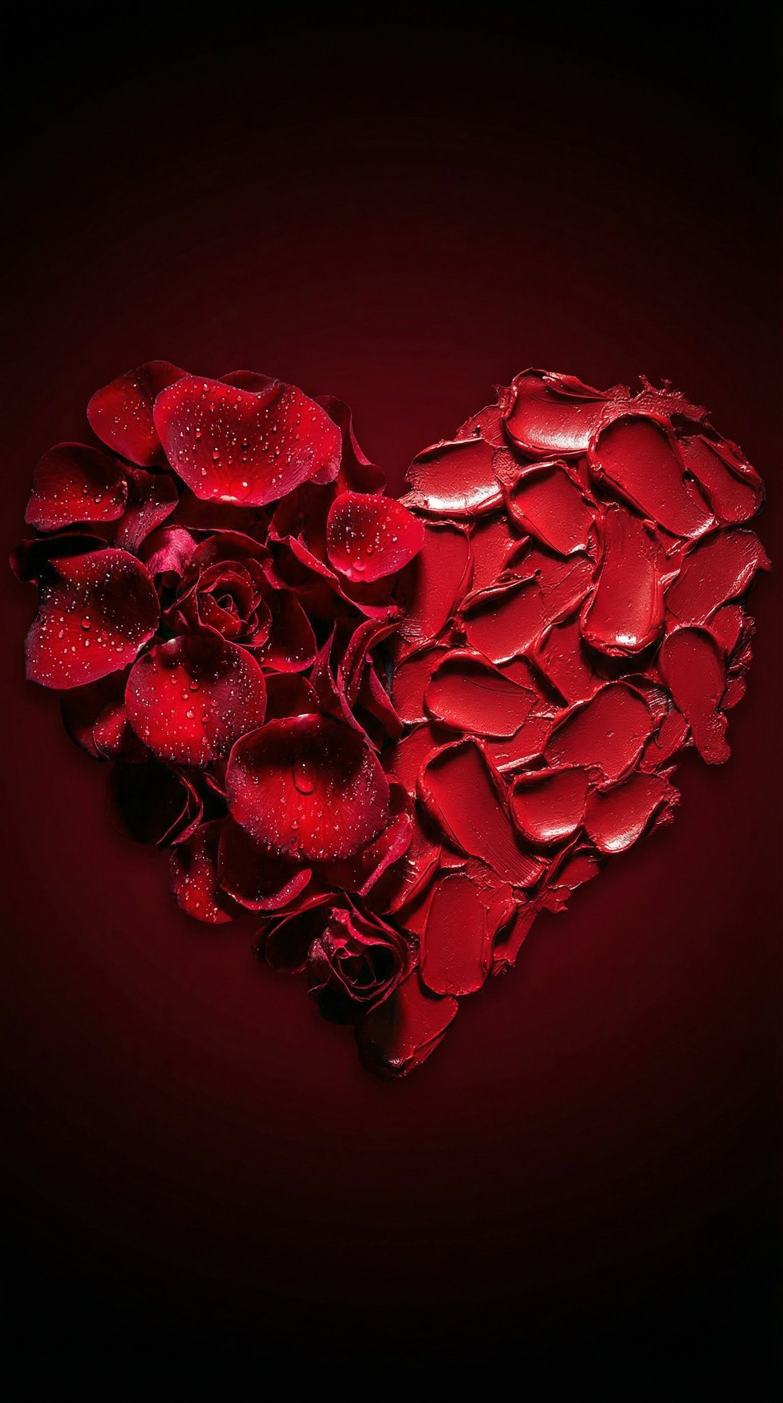 A heart shape formed with red rose petals on one half and lipstick substance on the other on a dark background.