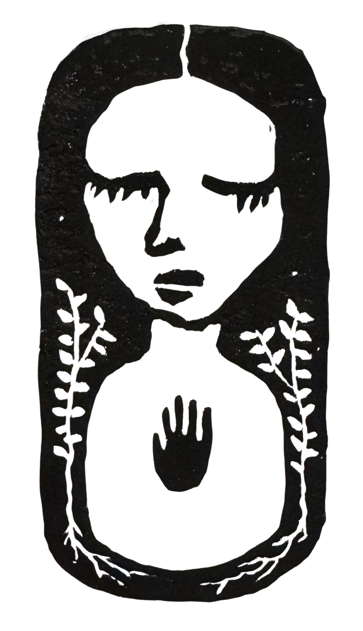 A black silhouette of a woman with long hair, holding a rose to her face, and surrounded by leaves. The woman appears to be whispering or smelling the rose.