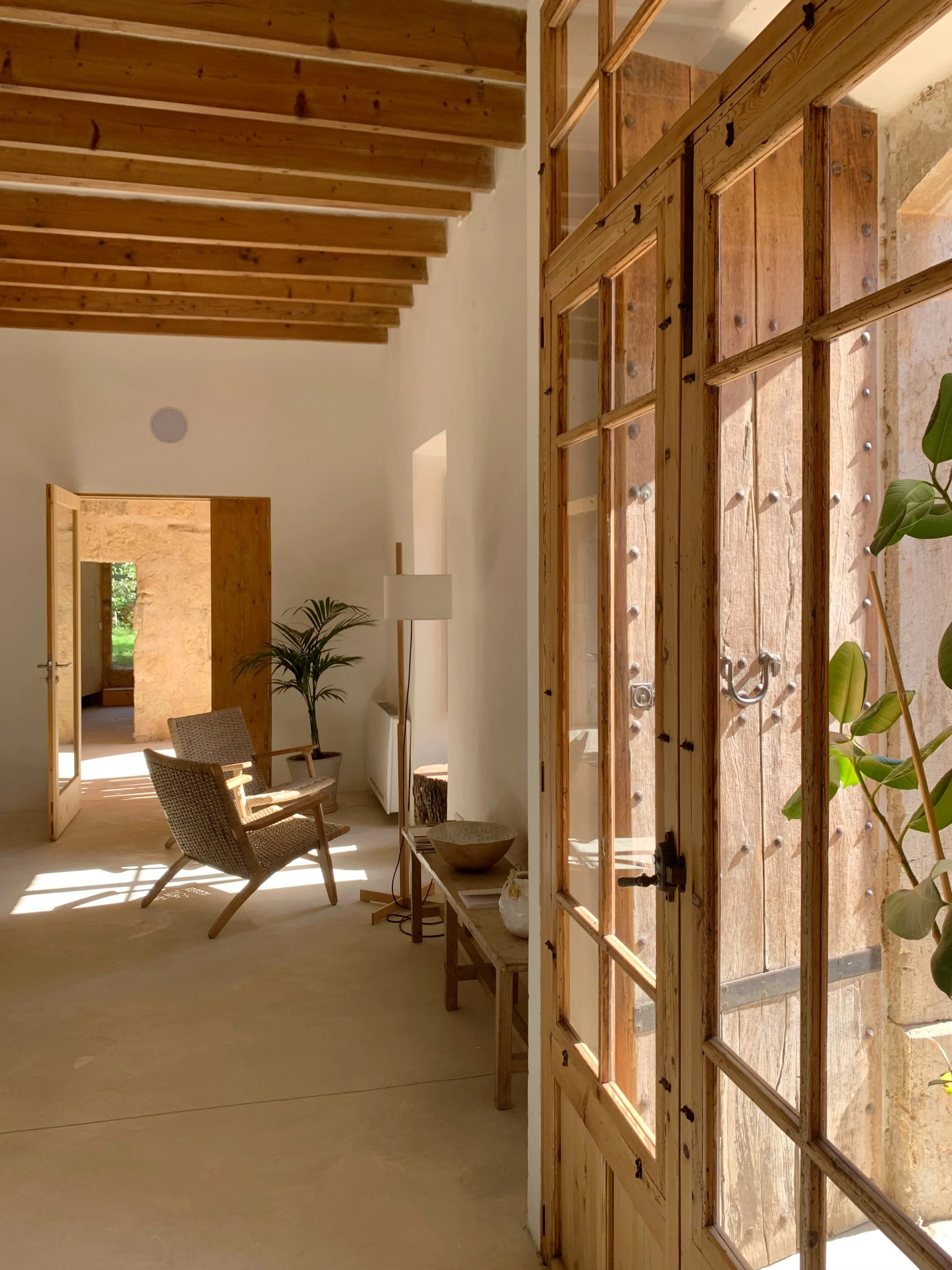 Interior view of a modern living space with wooden beams on the ceiling, a wooden door with glass panels, a small table with decorative items, two woven chairs, a potted plant, a standing lamp, and an open doorway leading to another room.