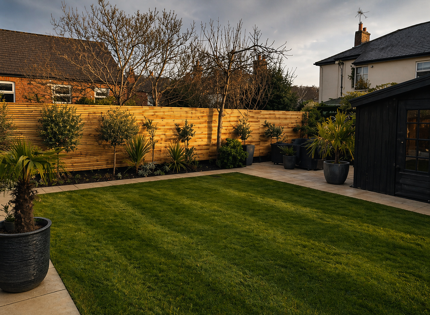 Contemporary garden landscaping project with slatted fencing by SBP Landscapes