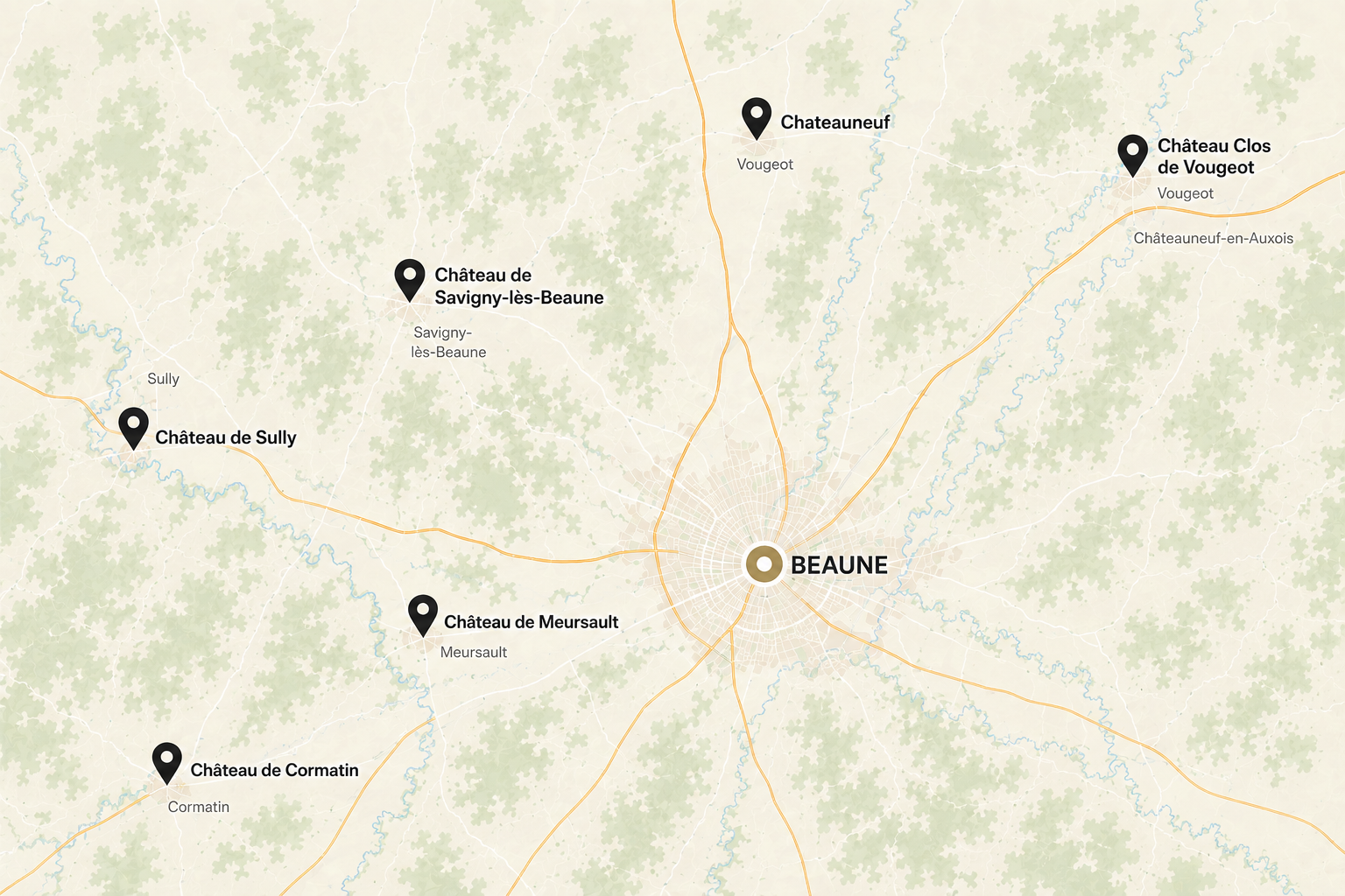 Map of castles to visit near Beaune