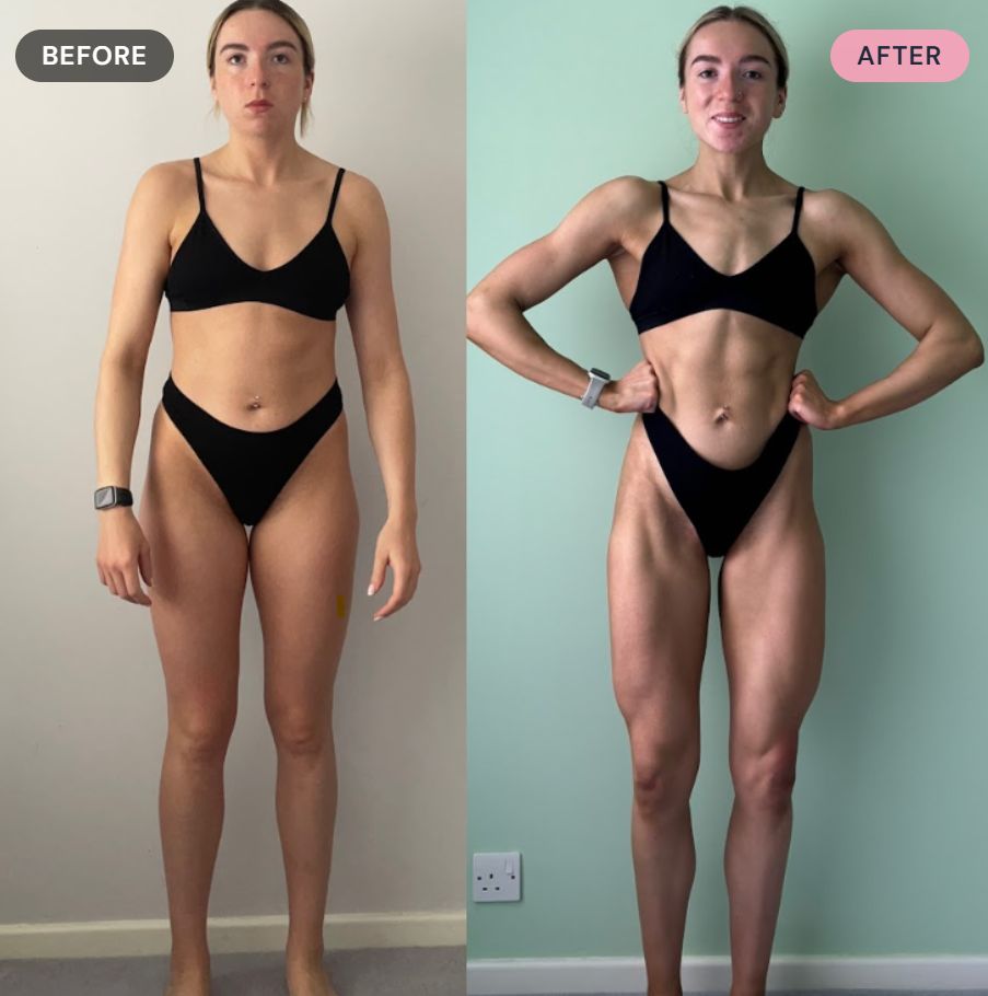 Side-by-side comparison of a woman before and after a fitness transformation. In the before photo, she has a neutral pose with arms relaxed at her sides. In the after photo, she has her hands on her hips, showing muscle definition. Both images have a plain background.