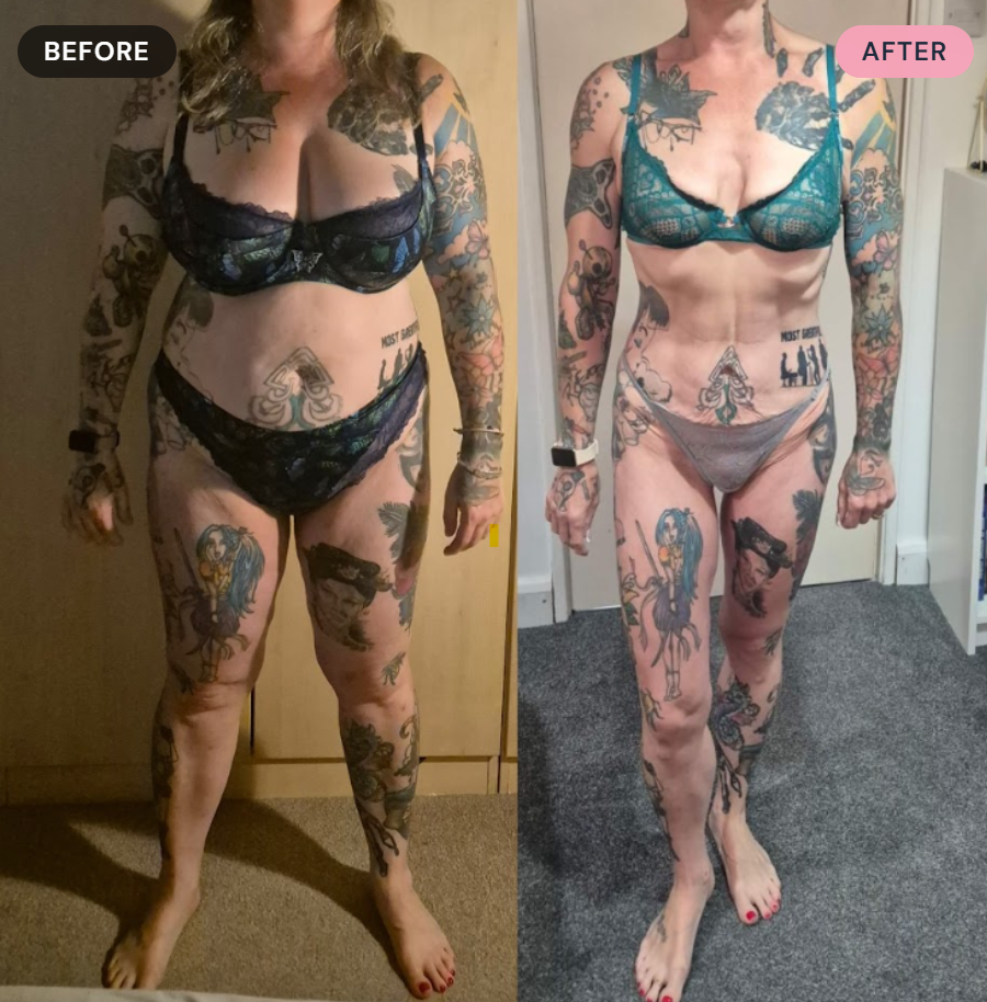 Side-by-side comparison of a woman before and after a fitness journey. In both images, she is wearing lingerie, showing significant tattoos on her arms, torso, and legs. The before photo shows her with more body weight, and the after photo shows a leaner physique.