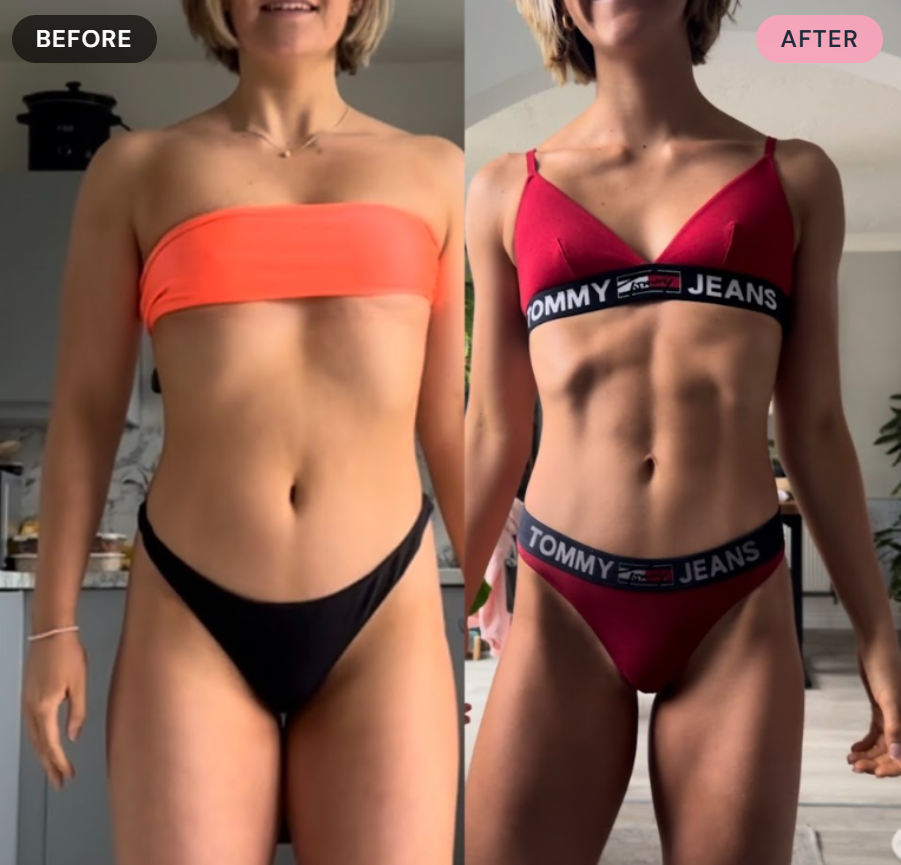 Comparison of a woman before and after body transformation, showing improved muscle tone in the after photo.