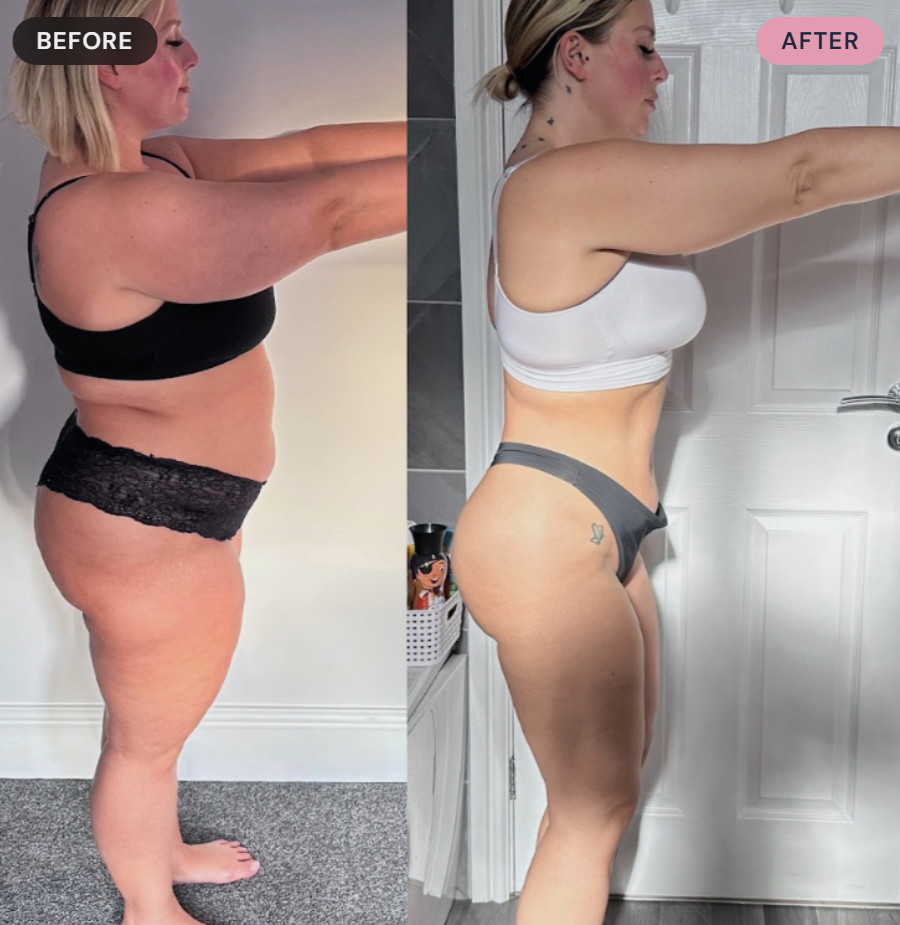 Side-by-side comparison of a woman before and after weight loss or body transformation, showing a slimmer profile in the after photo.
