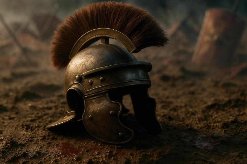 A Roman-style battle helmet with a plume, lying on the ground in a battlefield setting.
