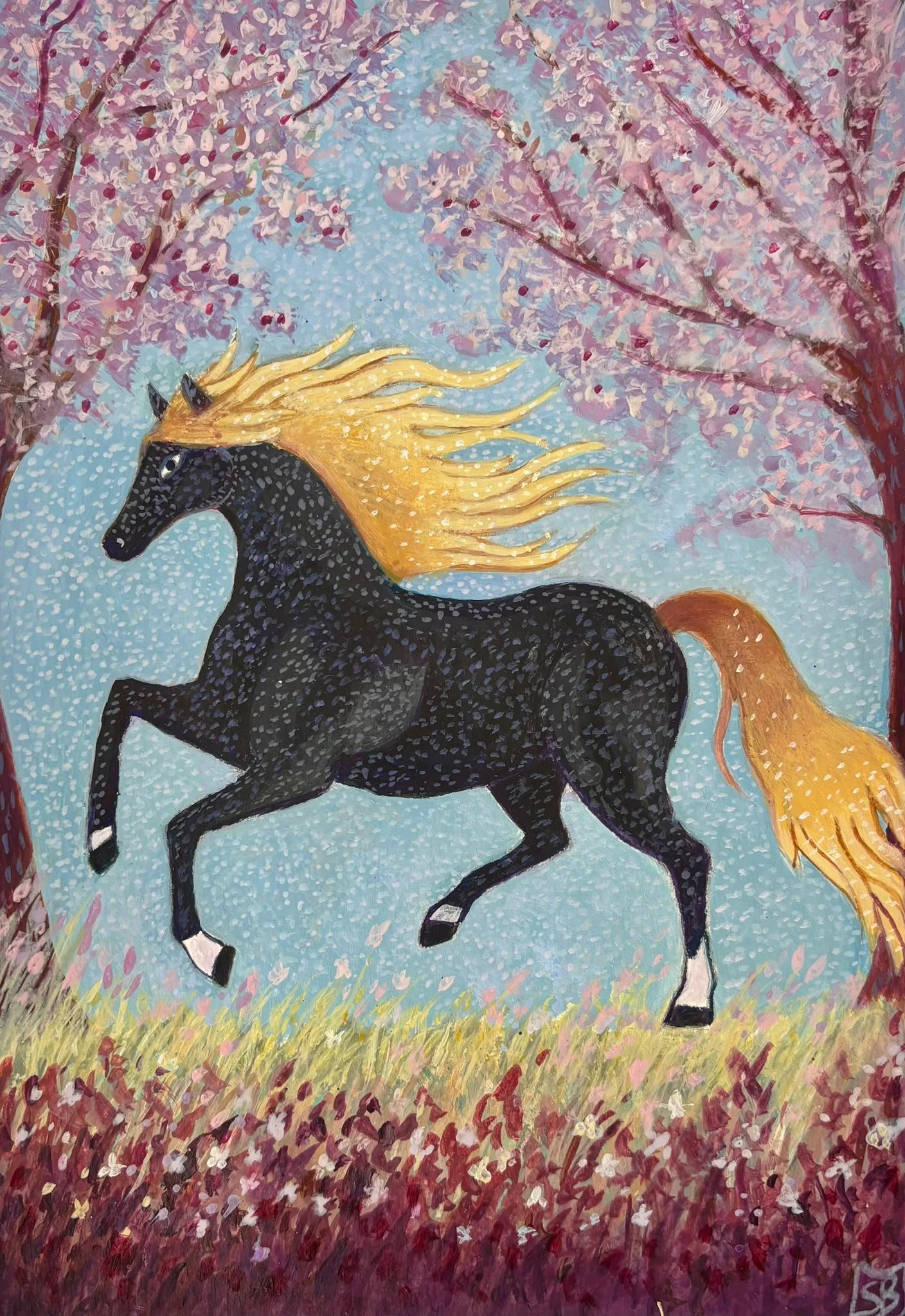 Cheval noir et les cerisiers