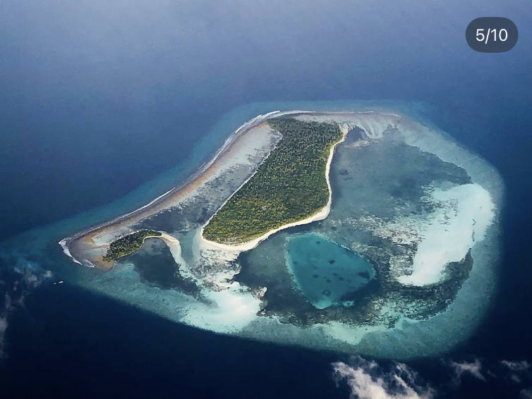 Aerial view of a small island with lush green vegetation surrounded by a barrier reef and vibrant blue water.
