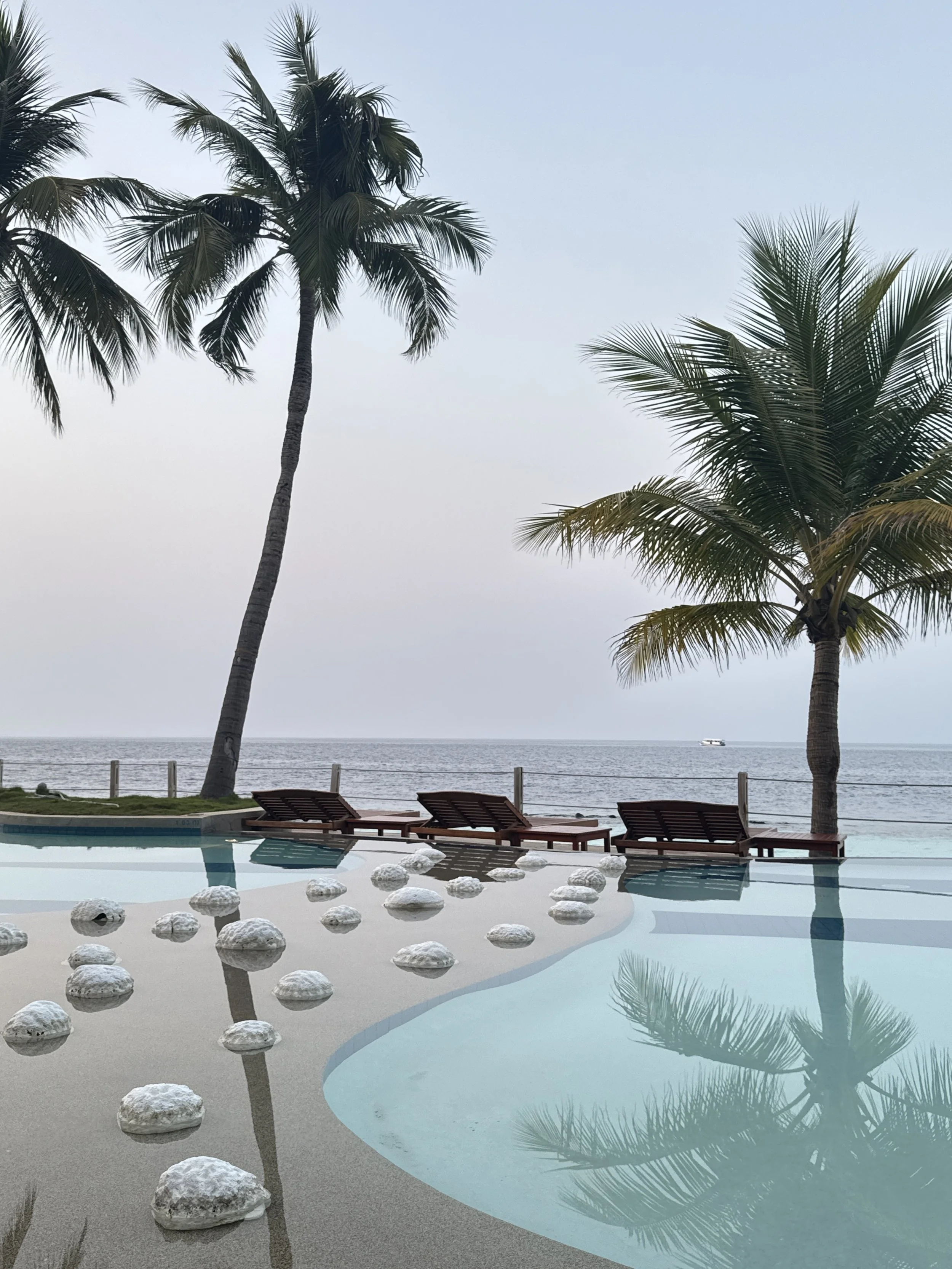 Beachfront resort scene with palm trees, lounge chairs, a swimming pool, and ocean views in the distance.