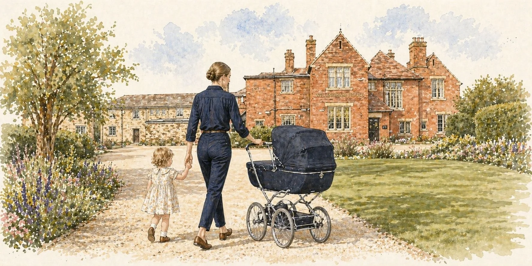 A woman in dark clothing is walking with a young girl and a stroller on a gravel path in front of a large brick building with a sign that reads "Willingham House". The scene is set outdoors with trees and bushes surrounding the path.